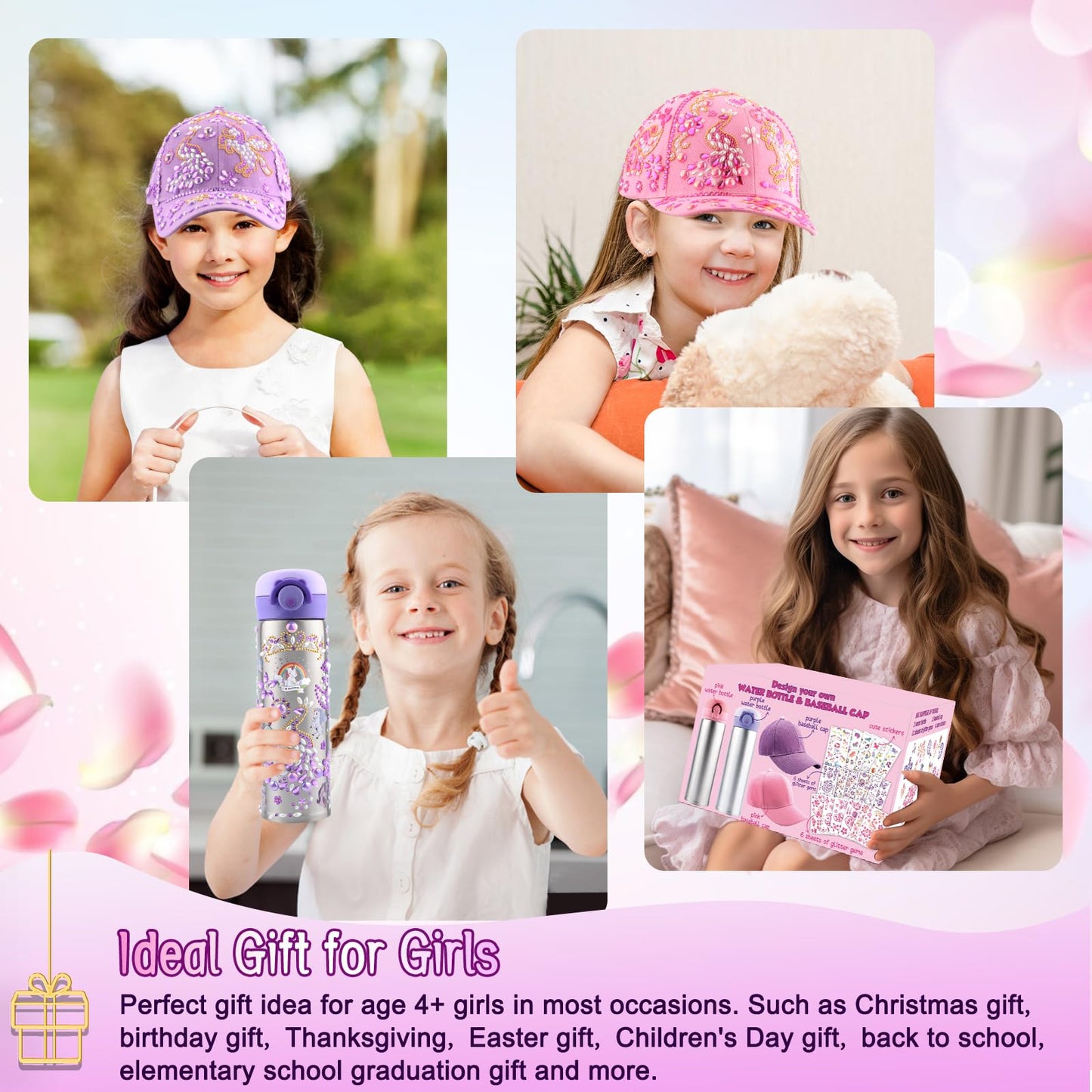 Distasio Unicorn Water Bottles Girls Personalized Water Bottles Kids, Decorate Your Own Water Bottle Baseball Cap w/ 18 Sheets of Unicorn Stickers and Glitter Gems Gifts Girls 6-12 Year Old