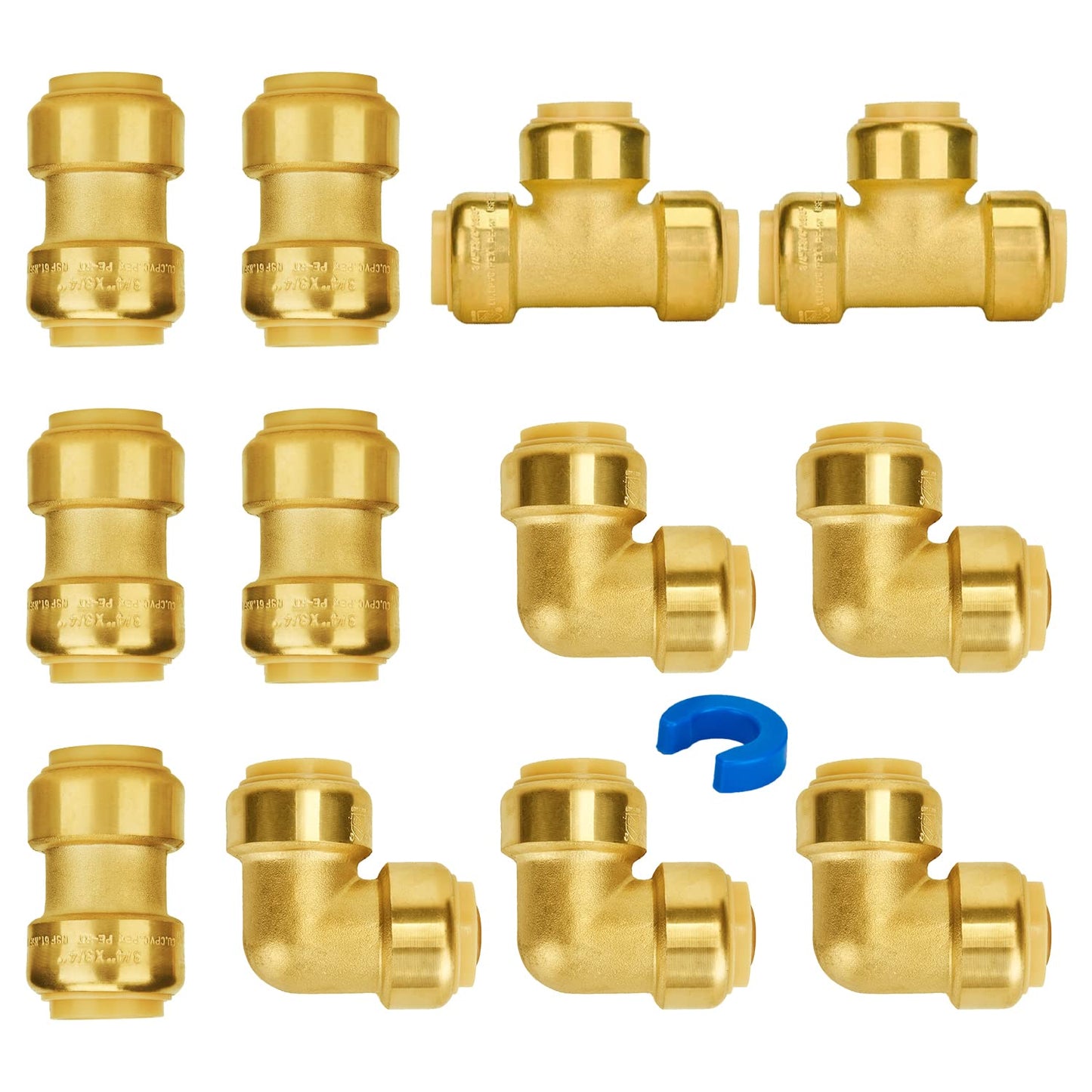 SUNGATOR Push Pex Fittings 3/4 Inch, 5 Each Coupling and Elbow, Tee (2 PCS), No Lead Brass Push-to-Connect Plumbing Fittings for Pex Pipe, Copper, CPVC, with 1 Disconnect Clip, Pack of 12