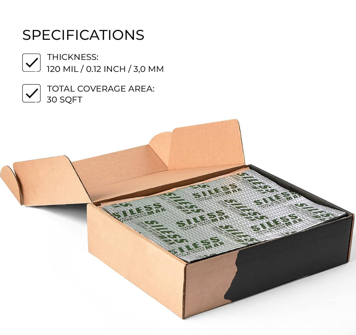 Siless Max 120 mil (3mm) 30 sqft Car Sound Deadening mat - Butyl Automotive Sound Deadener - Noise Insulation and Vibration Dampening Material (30 sqft)