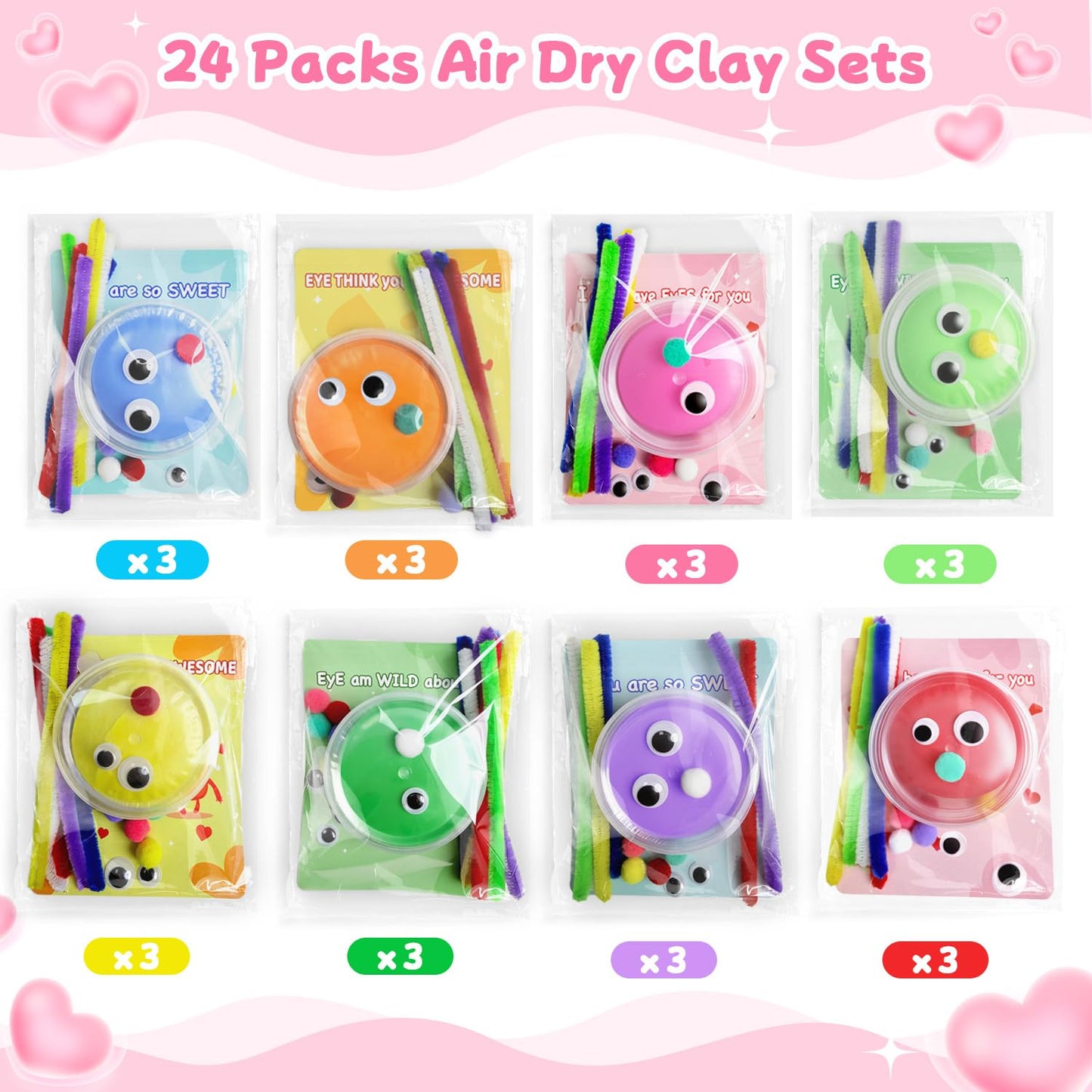 NAXYAN 24 Packs Valentines Day Cards for Kids School with DIY Air Dry Clay Kits Valentines Day Gifts for Kids Classroom Valentine Class Exchange Presents Party Favors (24 Packs for Valentines)