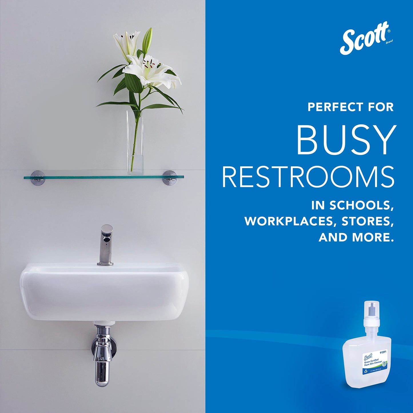 Scott Professional Green Certified Foam Hand Soap (91591), 1.2 L, Foaming, Clear, No Fragrance Added, Ecologo, NSF E-1 Rated, Automatic Refills (2 Bottles)