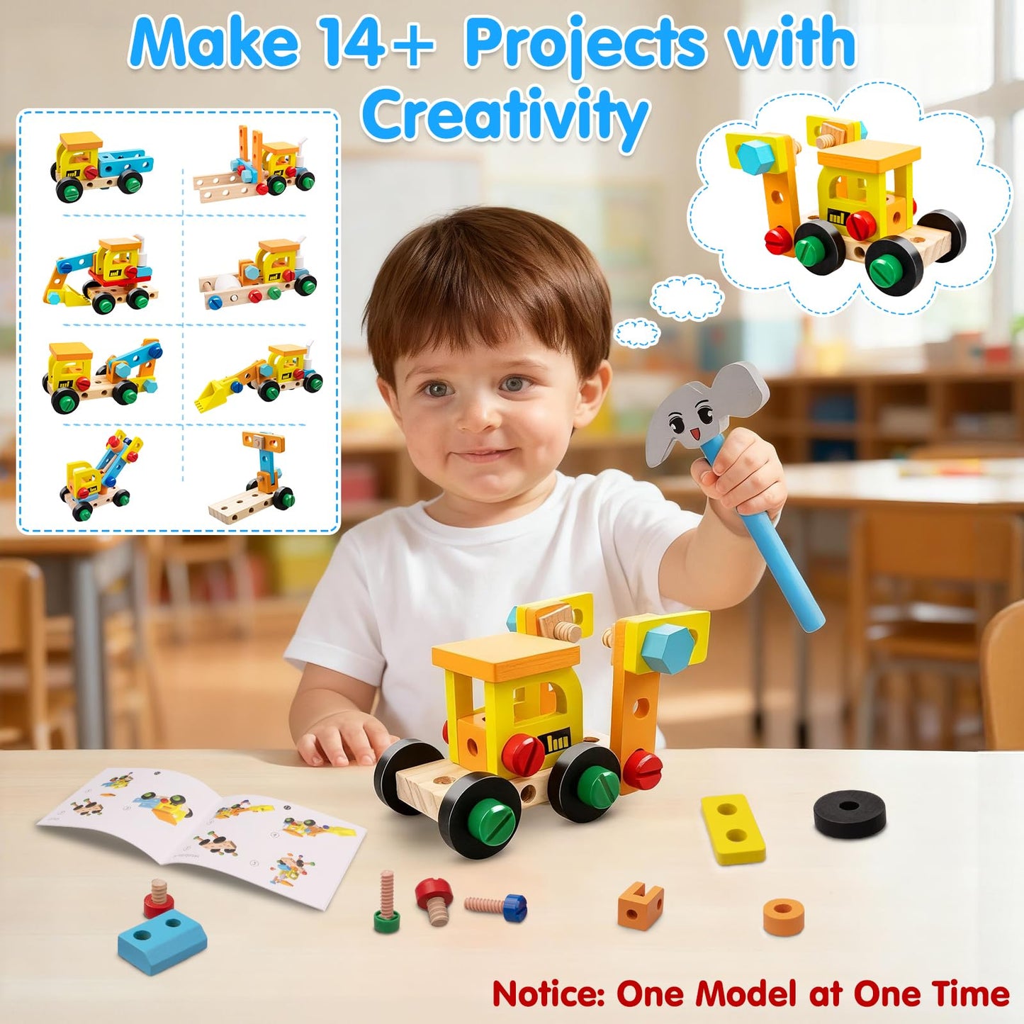 Kids Tool Set - Wooden Montessori Educational Tool Box for Toddlers with Electric Drill, 59 Pieces STEM Building Toys for Building