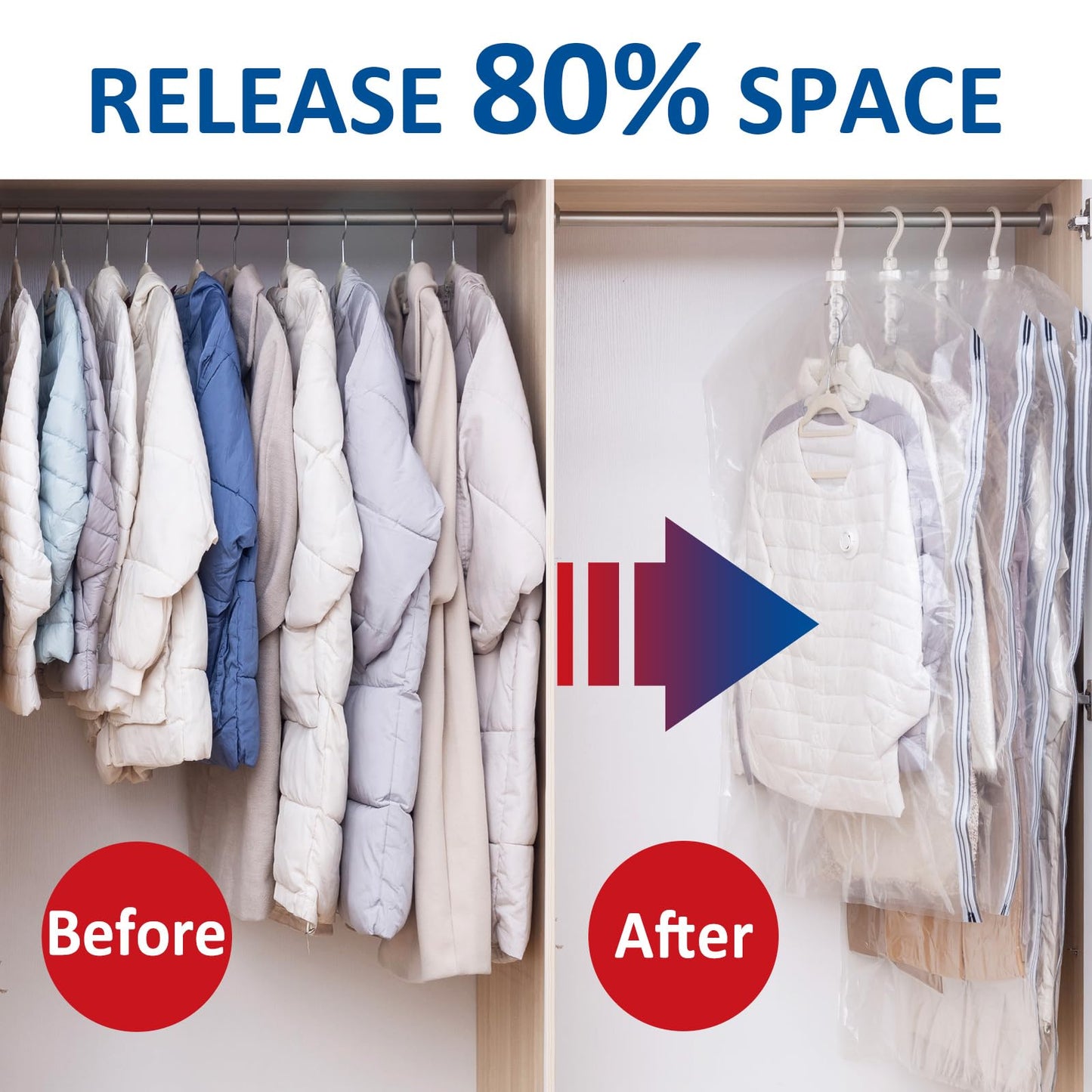 Hanging Vacuum Storage Bags, 6 Pack Hanging Storage Bags for Clothes With Electric Pump, Vacuum Sealed for Suits, Dress, Jackets (6 Long)