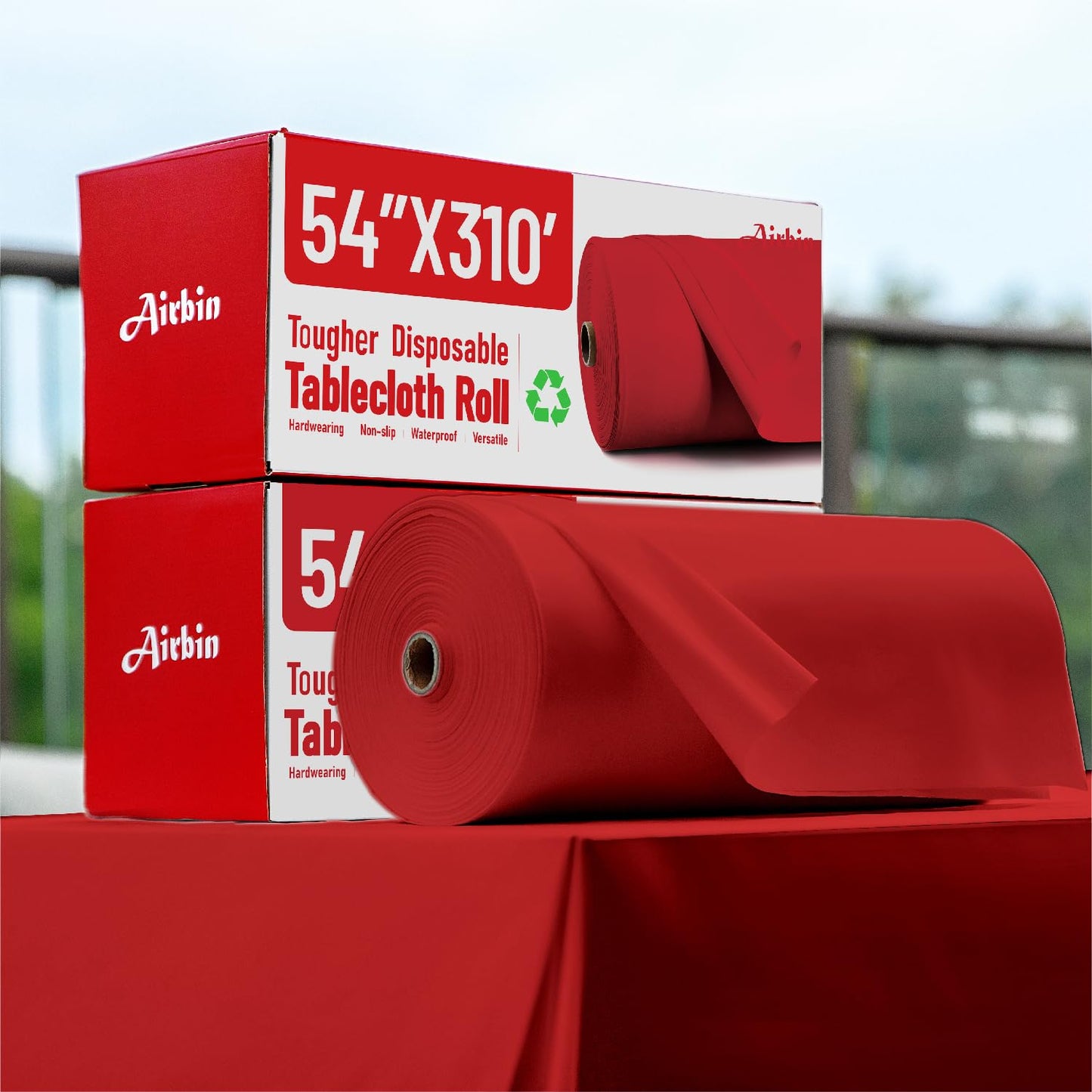 Plastic Table Cloth, 310 Ft X 54 in Disposable Tablecloth Red Tablecloth Premium PEVA Plastic Table Cloth Disposable with Any Cut Sliding Cutters for Picnics, Parties, Birthdays, Festivals