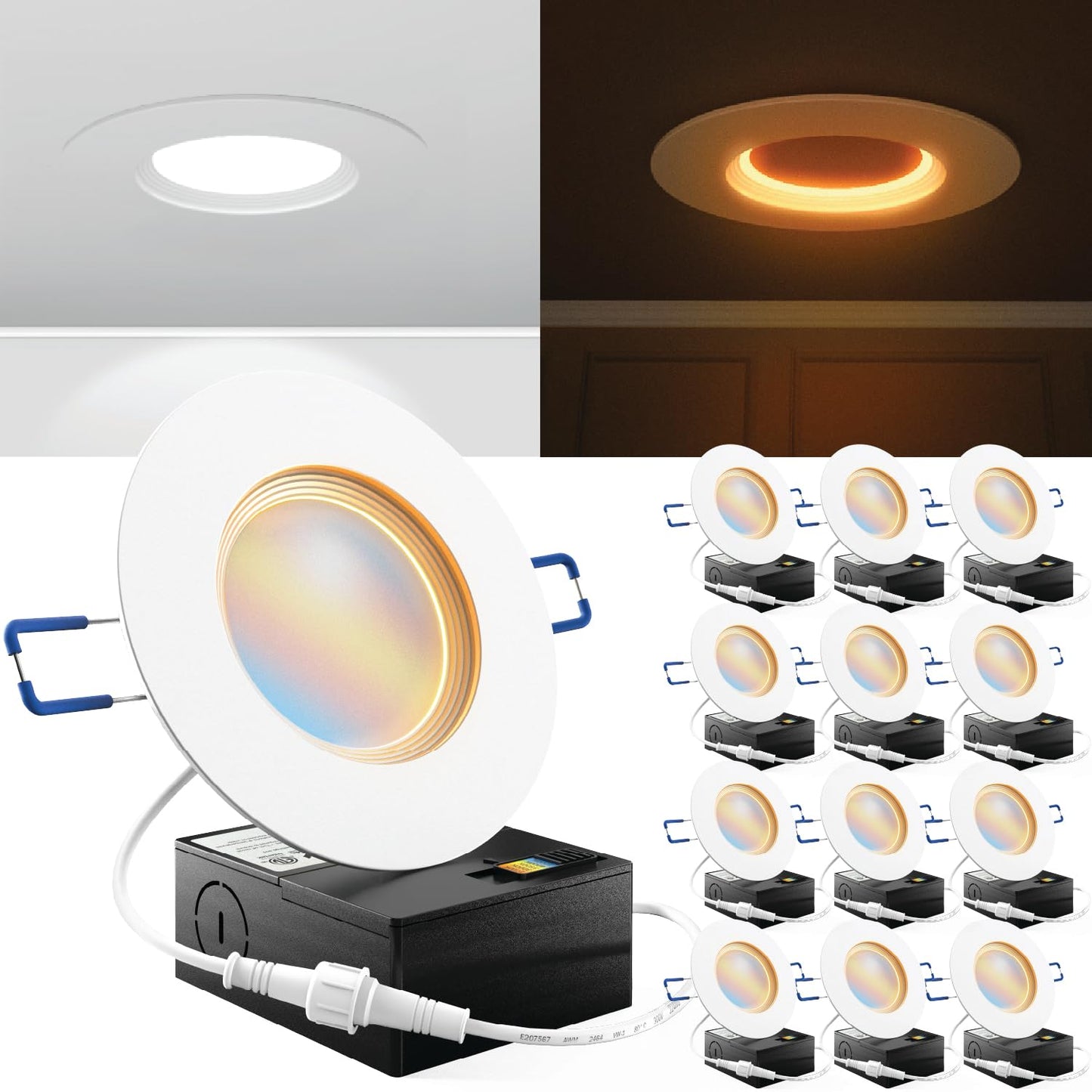 Sunco 12 Pack 10W 4 Inch LED Recessed Lighting Slim Baffle Retrofit Night Light for Indoor Living Dining Room Bedroom, 600 Lumens, Selectable CCT 2700K/3000K/4000K/5000K/6000K, Dimmable, AC120V - ETL