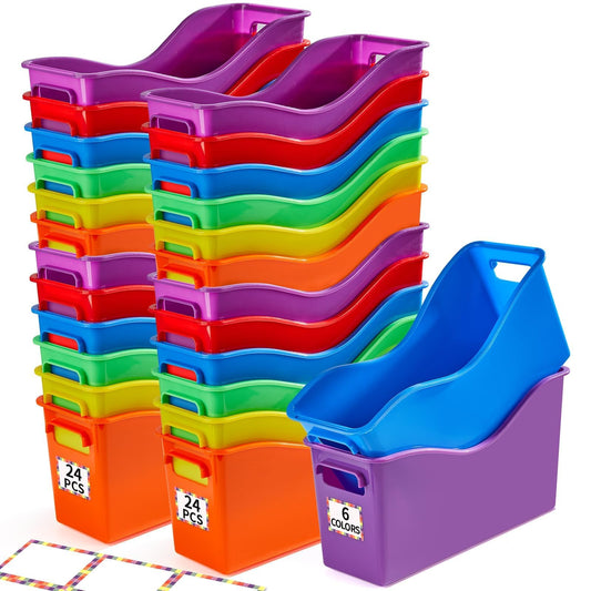 24 Pack Plastic Book Bins for Classroom with Labels 11.8×3.5×7.1 in Colorful Magazine File Binder Holder Organizer Basket Storage Box for Library Home Office Teacher Supplies School Classroom