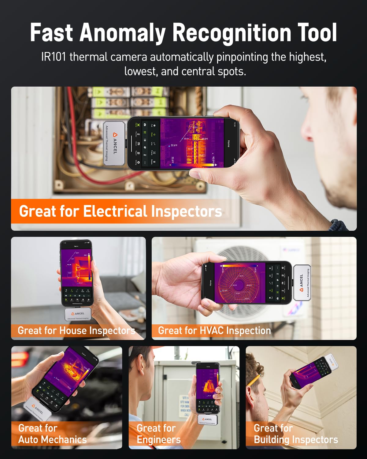 ANCEL IR101 Thermal Camera, 256x192 IR Resolution Thermal Imaging Camera for iPhone iPad (iOS) with Lightning Port, 25Hz Frame Rate Infrared Camera for Home/Pets/Electrical/Industrial/PCB Inspection