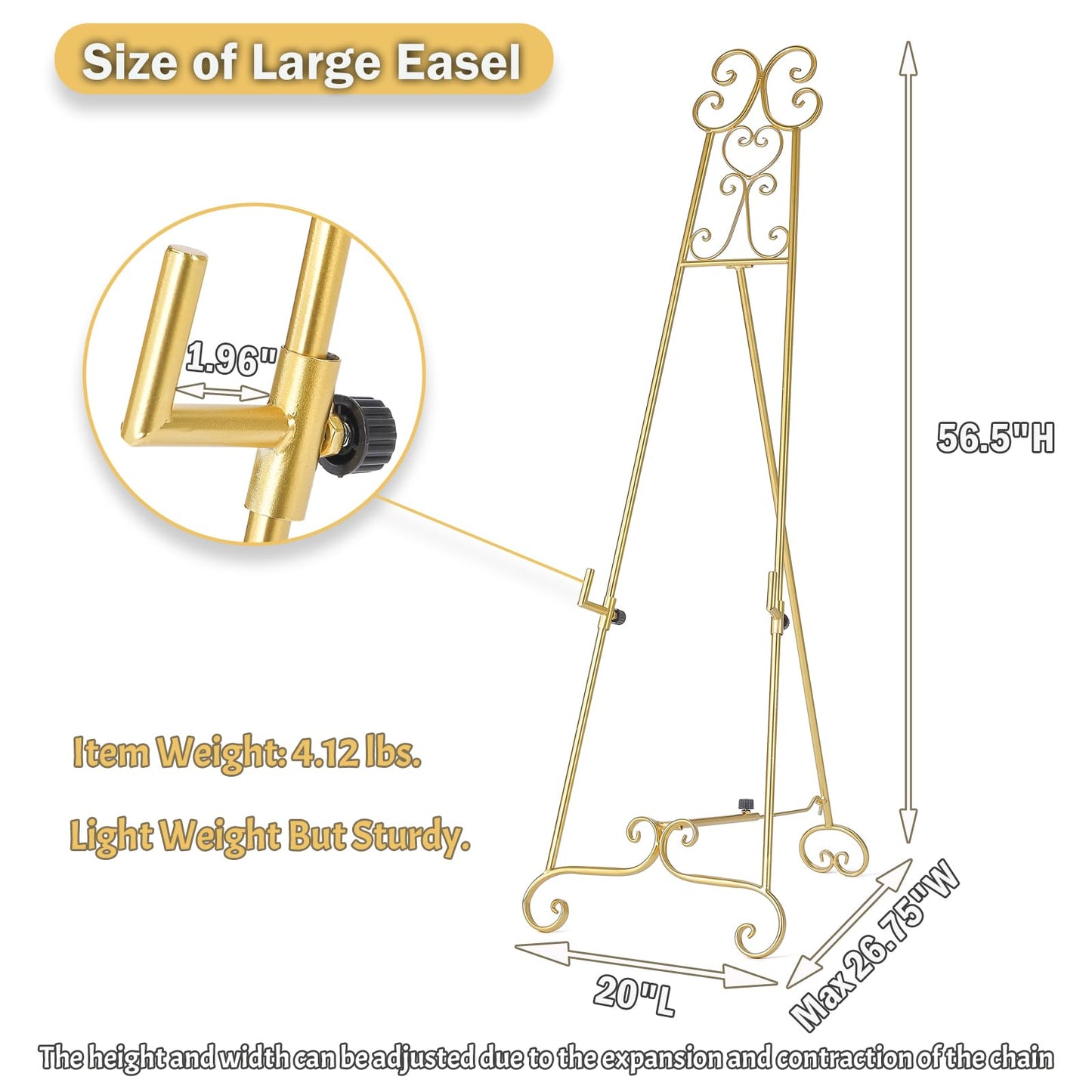 Metal Large Free Standing Adjustable Display Stand Scroll Easel with Chain Support, Gold Easel Stand for Sign, Heavy Duty Easel for Mirror, Wedding, Picture Frame (No Installation Required)