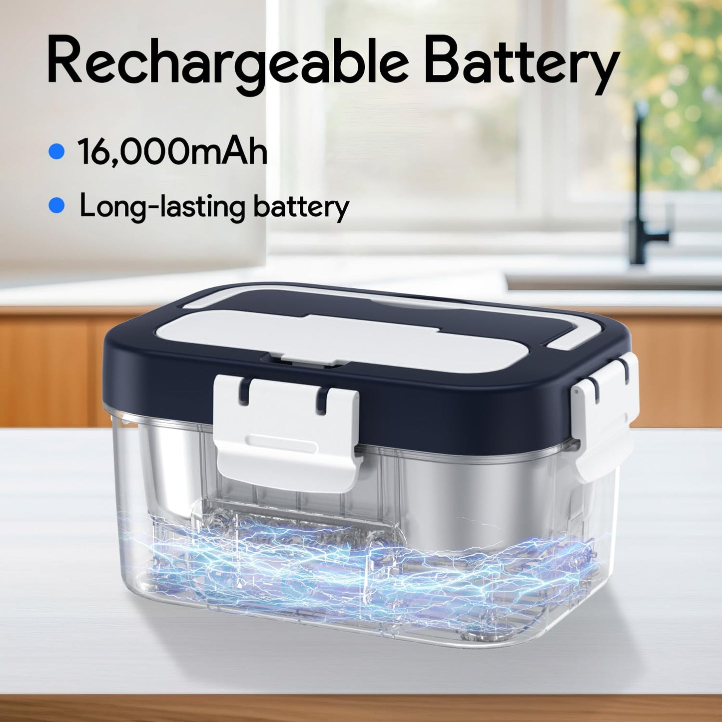 VISOM Cordless Electric Lunch Box, 6.75 Cup Automatic Food Warmer (212°F), Rechargeable Portable Heated Meal Container for Office, Travel, Outdoor（deep blue）