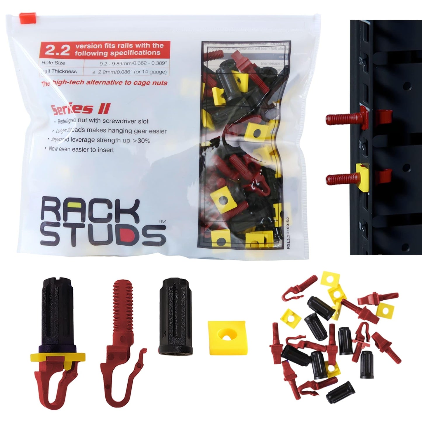Rackstuds R100 II - Server Rack Screws for 19" Rails, Perfect Cage Nut Replacement, Rack Nuts - Red, 100-Pack, 2.22mm/0.086"