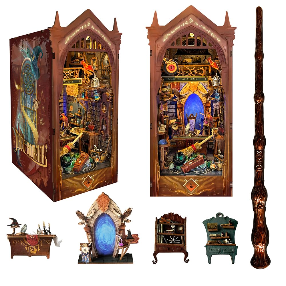 IBOHEYE Book Nook Kit - 3D Wooden Puzzle Bookend Set, Magic Academy, A Perfect Puzzle Gift for Adults