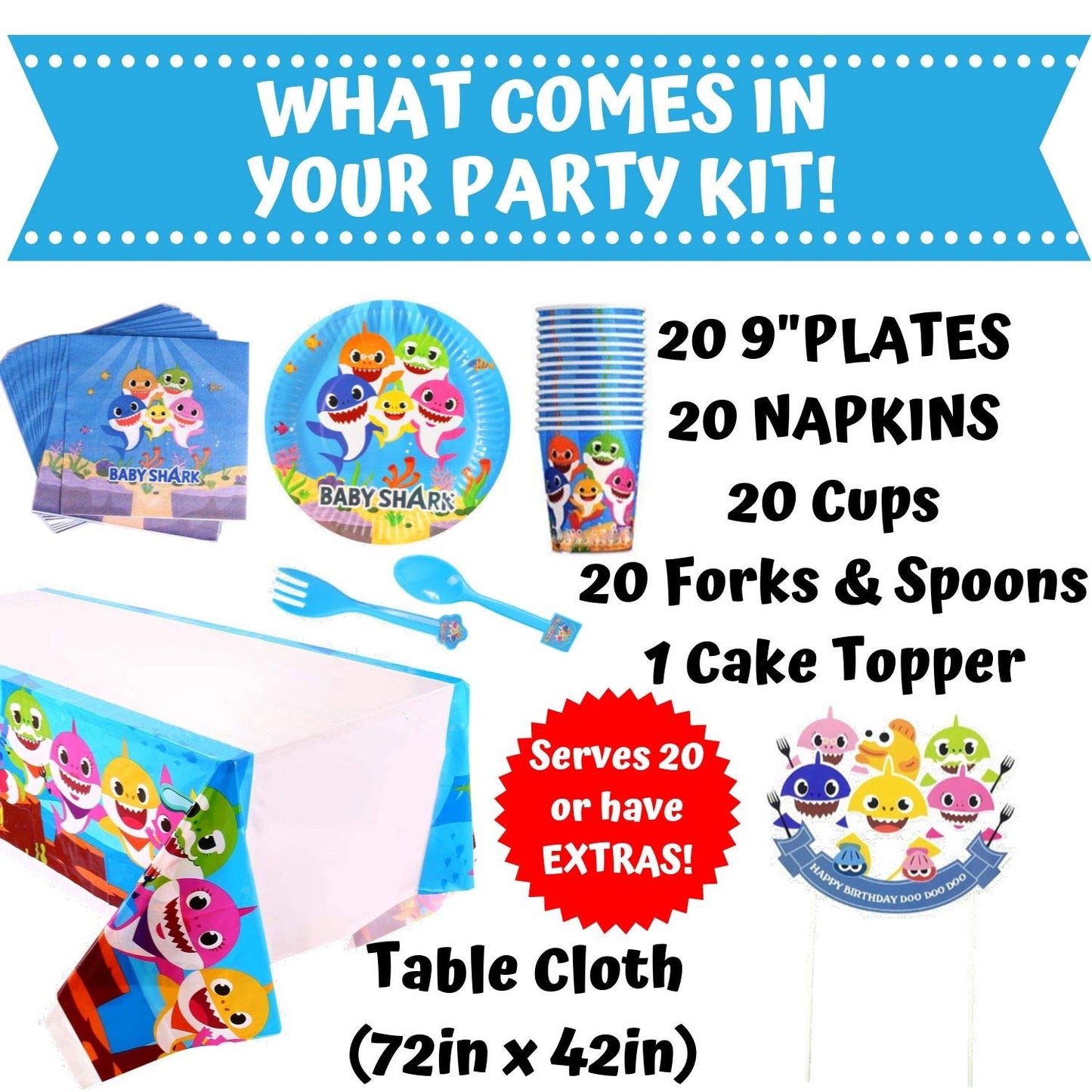 Shark Party Supplies Set,124 Piece Shark Themed Birthday Decorations,Includes Disposable/Reusable Tableware Kit, 3'x5' Photo Backdrop, Shark Party Masks and Balloons,Serves 20 Guests
