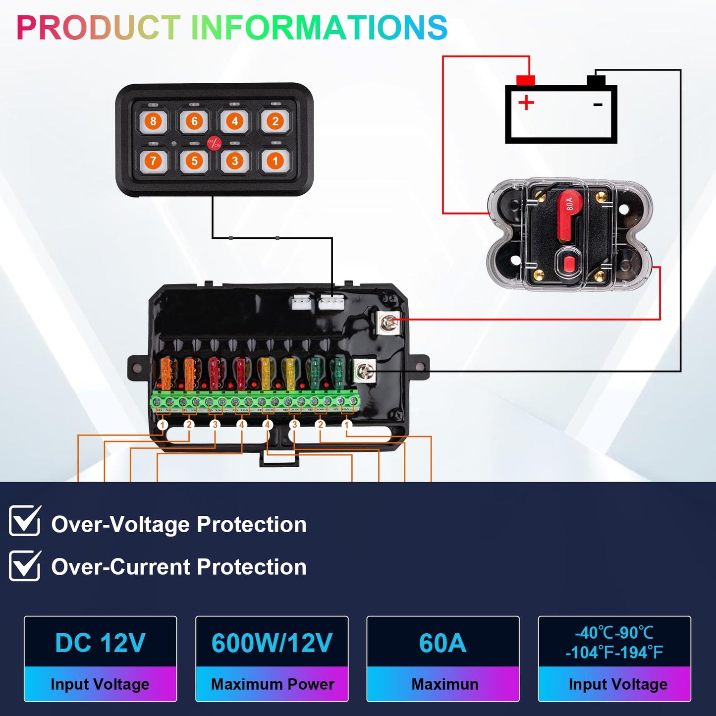 8 Gang Switch Panel Control Panel, RGB Toggle Momentary Pulsed with Auto Dimmable Universal Auxillary Switch Panel Circuit Control Relay Box for Car Pickup Truck Jeep Boat UTV ATV Waterproof
