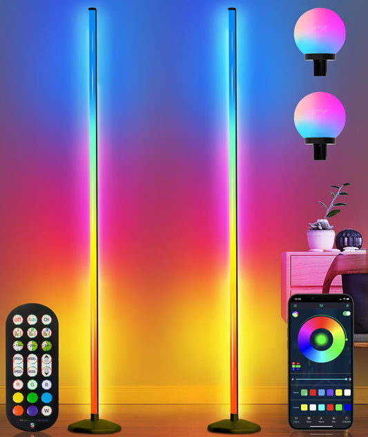 2PCS Corner Floor Lamp,70" Smart RGBW LED Corner Lamp with Glow Ball Light,16 Million Colors Changing Corners Lamp with Remote and App Control,Music Sync&Timing Smart Floor Lamp for Living Room