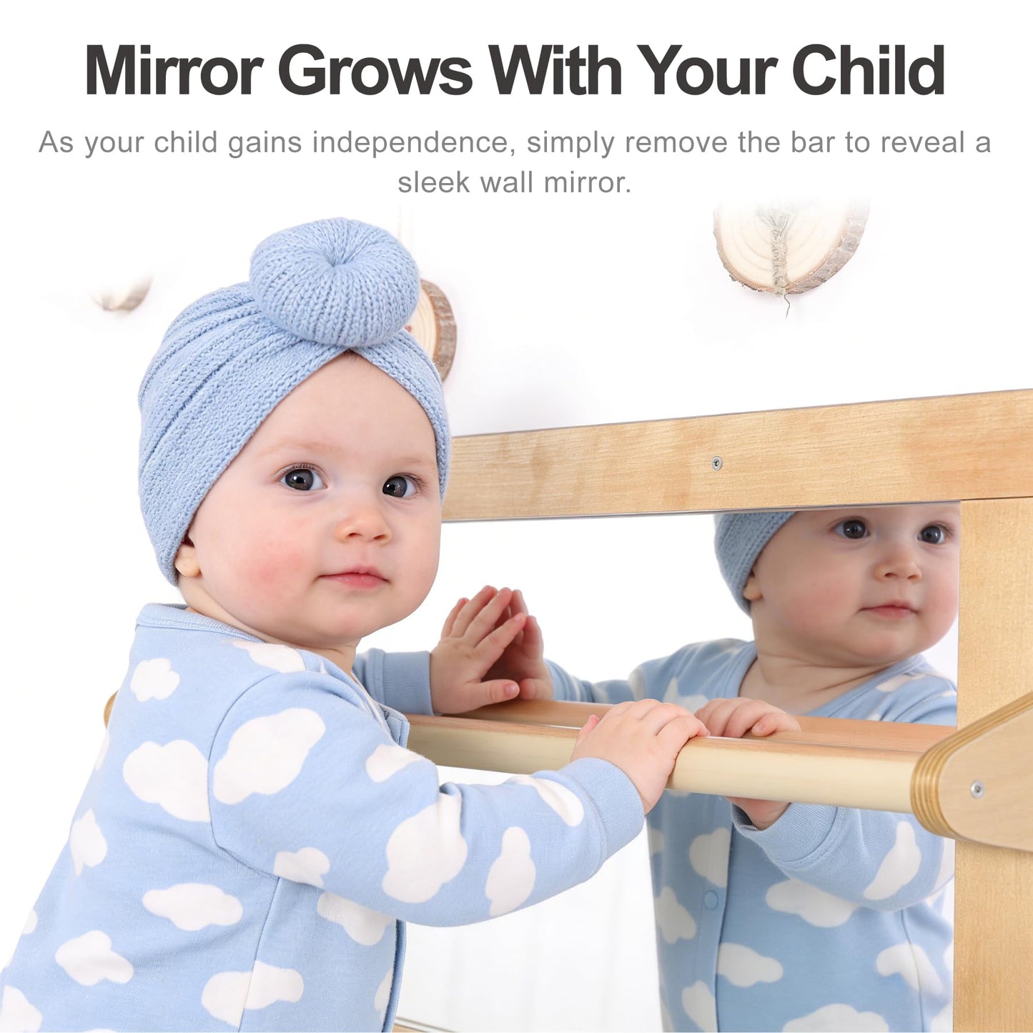 KRAND Baby Montessori Wooden Frame Non-Shatter Safety Mirror w/ 2 Pull Up Bars, Infant Coordination Small Mirror for 6-18 Months (Natural)
