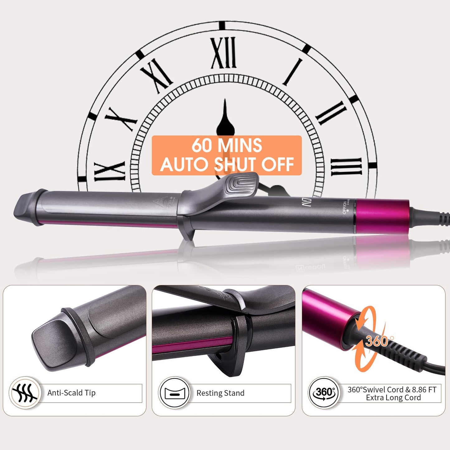 Nycoba 1 1/4 Inch Curling Iron, Ceramic Coated Hair Curling Wand, Rapid 430°F Heating, Temperature LED Display, 6 Temperature Settings, 60 Minutes Auto-Off