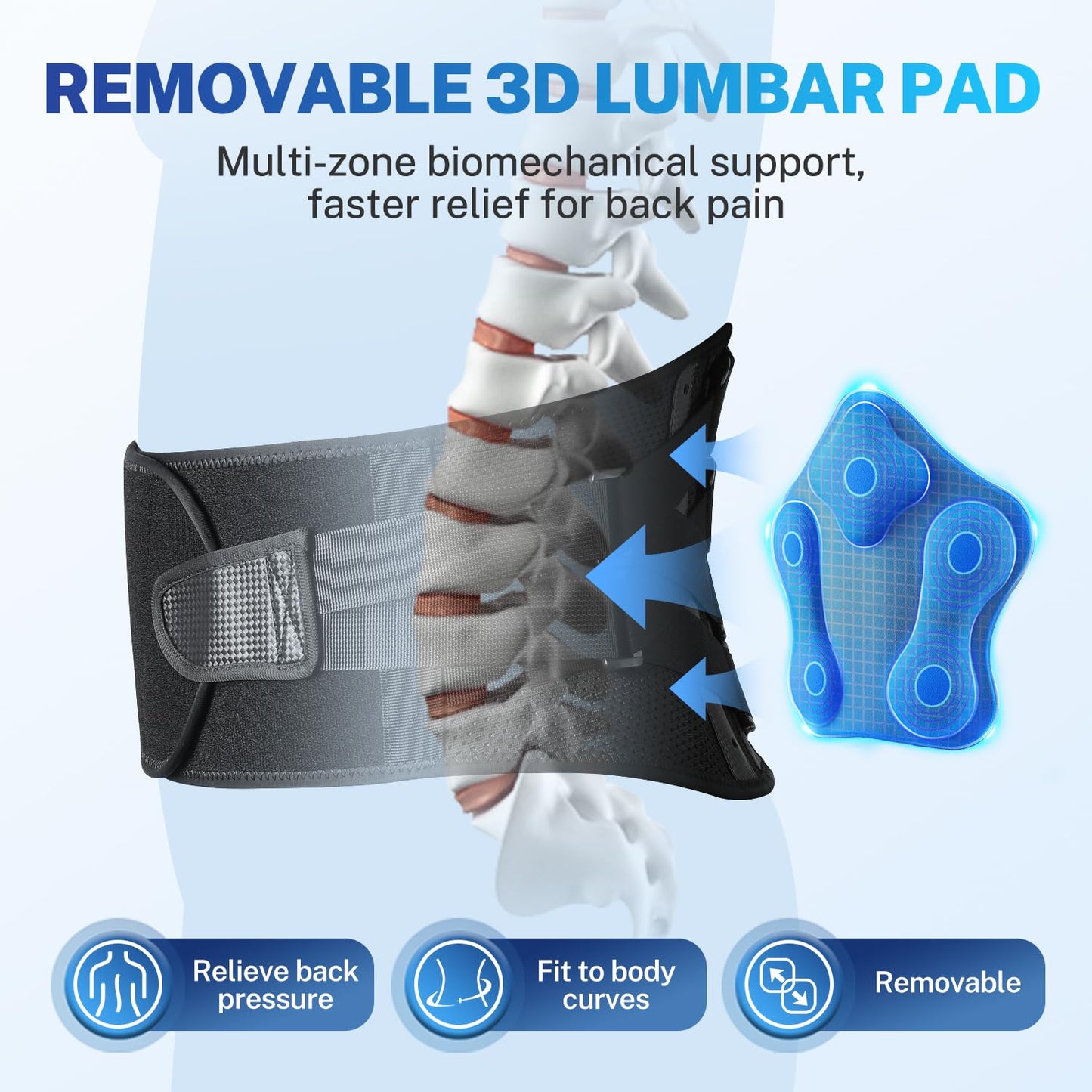 Fitomo Back Brace for Lower Back Pain Relief, Extra Lumbar Support Pillow, Lightweight Carbon Fiber Splints, Ultra-thin Mesh, Adjustable Fit, for Under Clothes, Sciatica, Posture, Lifting, Size L