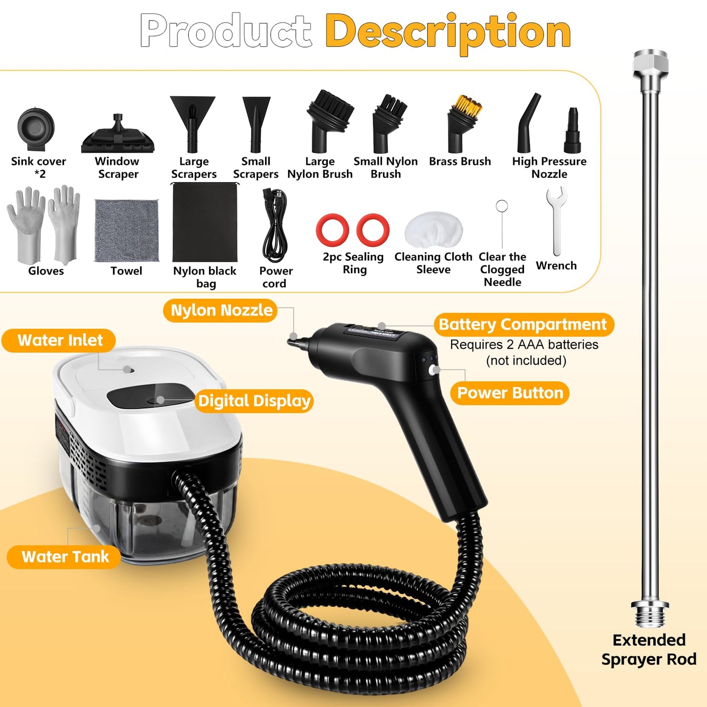 2500W Portable Handheld Steam Cleaner,54oz Large Capacity,3-Level Adjustable Handle,15s Fast Heating Steamer for Cleaning with 20 Pcs Accessories,Plug-and-Play Steam Cleaner for Home,Car,Kitchen,More