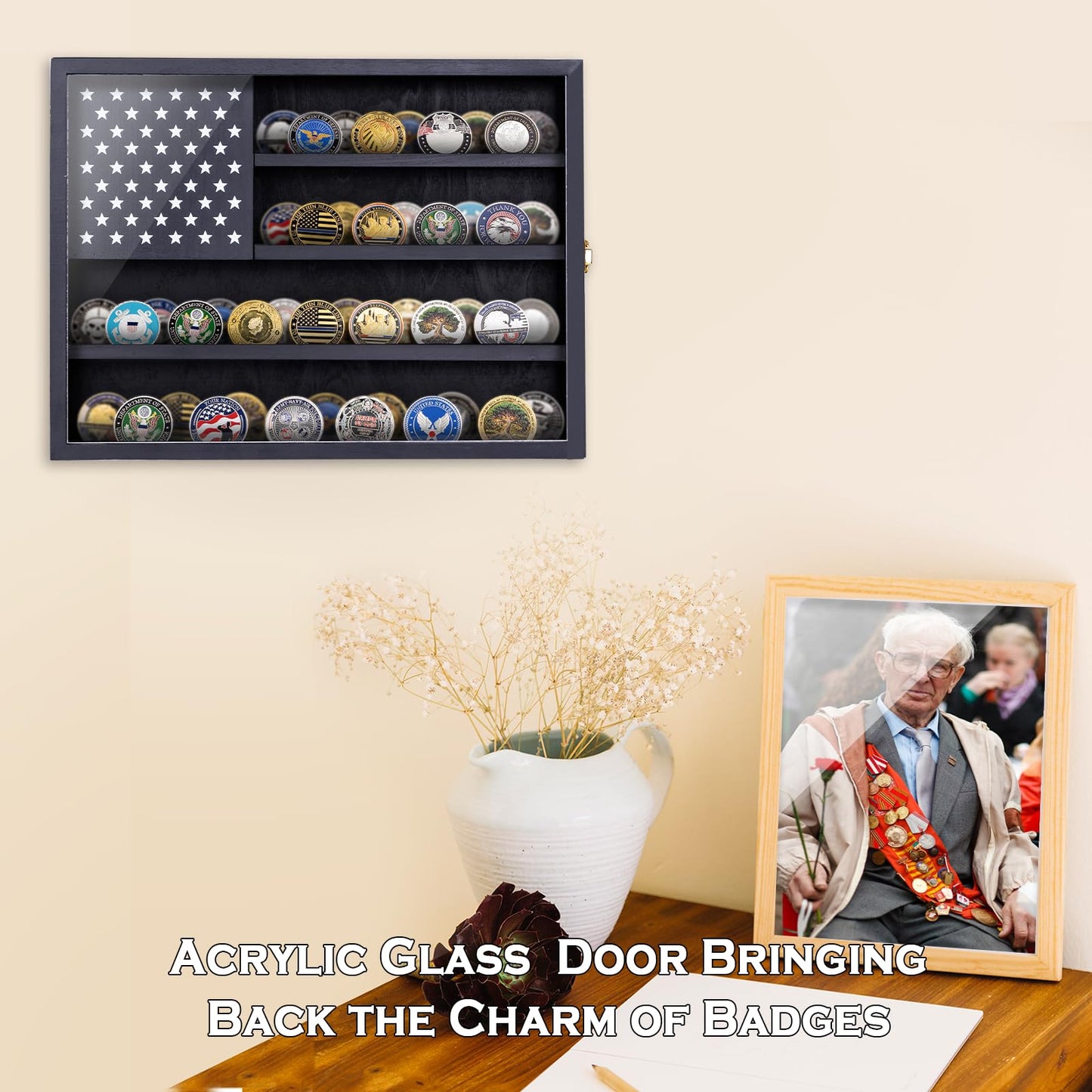Military Challenge Coin Display Case, 16”x12” Wooden American Flag Medal Shadow Box with Anti-Fade UHD Acrylic Door, Gold-Antitheft Lock, 2 Groove Shelves and Wall Mount (Black184)