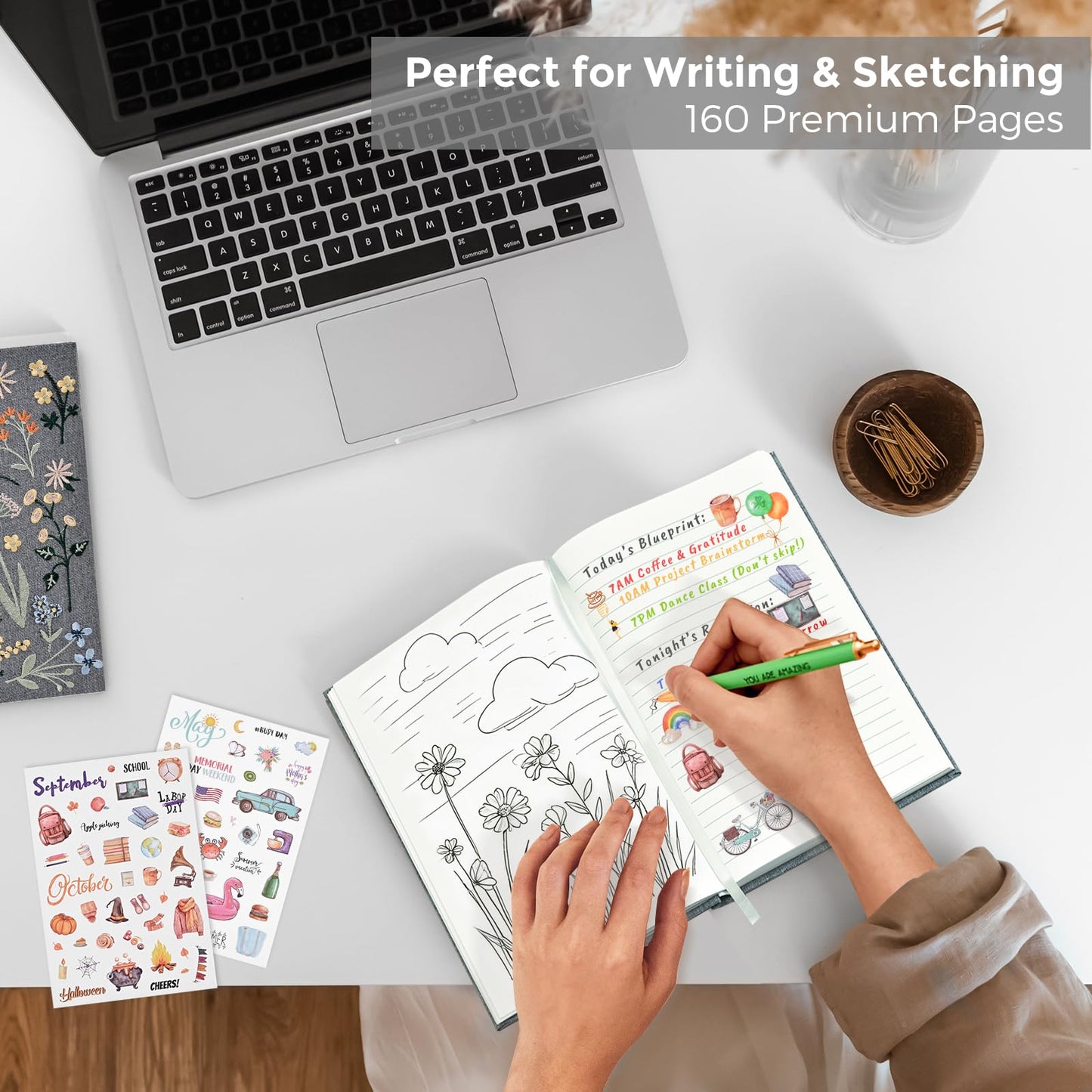 Journal for Women, Embroidered Linen Hardcover Notebook, A5 Journals for Writing & Sketching, Half Blank & Half Lined Journal, Aesthetic Writing Journal with Pen & 200+Stickers, Gift Set for Women