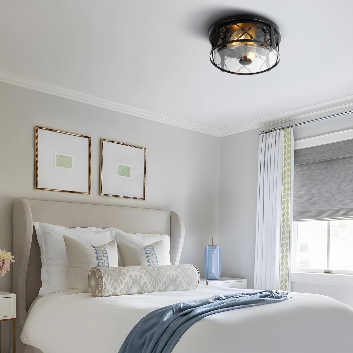 Rustic Close to Ceiling Light Fixtures, Farmhouse Flush Mount Ceiling Lighting, Metal Cage Lighting with Seeded Glass Black Cage for Home Kitchen Dining Room Bedroom Hallway Entryway Foyer
