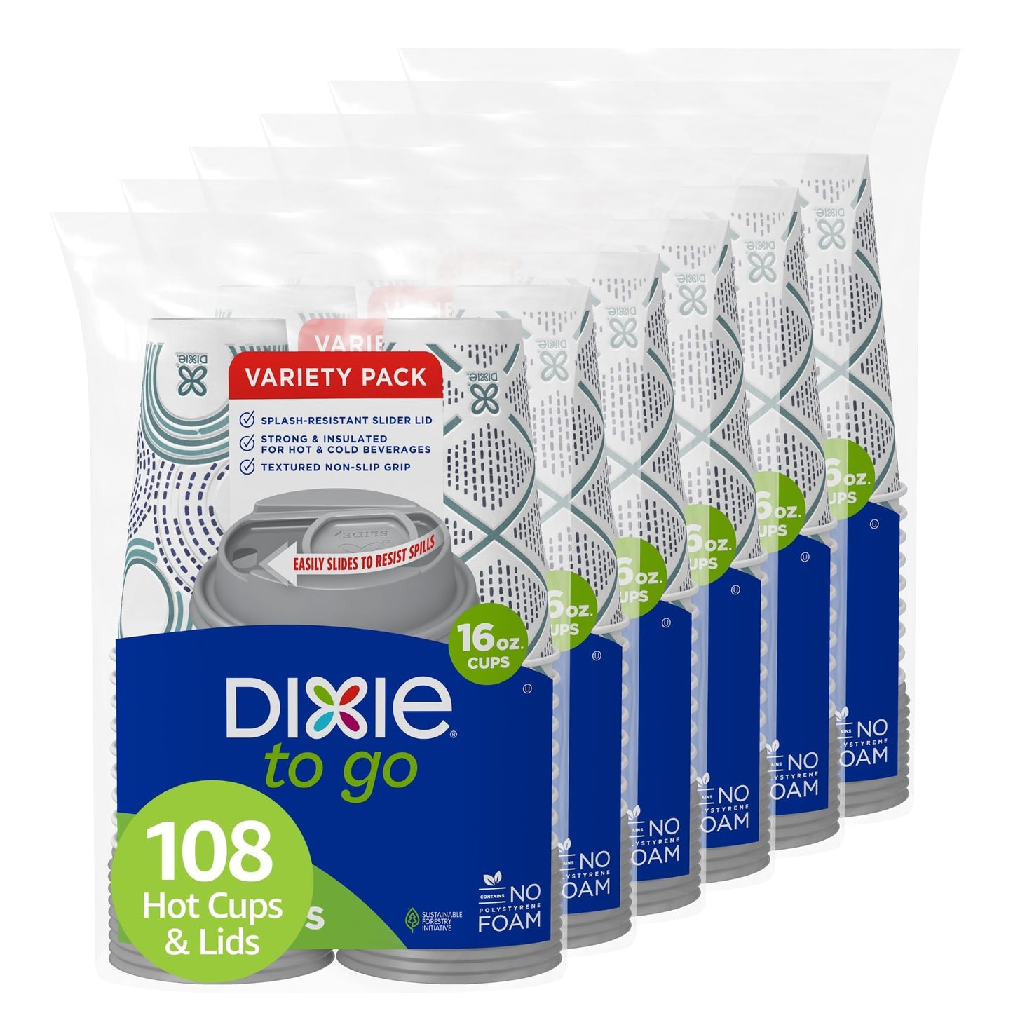 Dixie To Go Paper Coffee Cups With Lids, 16 oz, 108 Count (6 packs of 18 cups), Disposable Insulated Paper Cups for On-The-Go Hot or Cold Beverages
