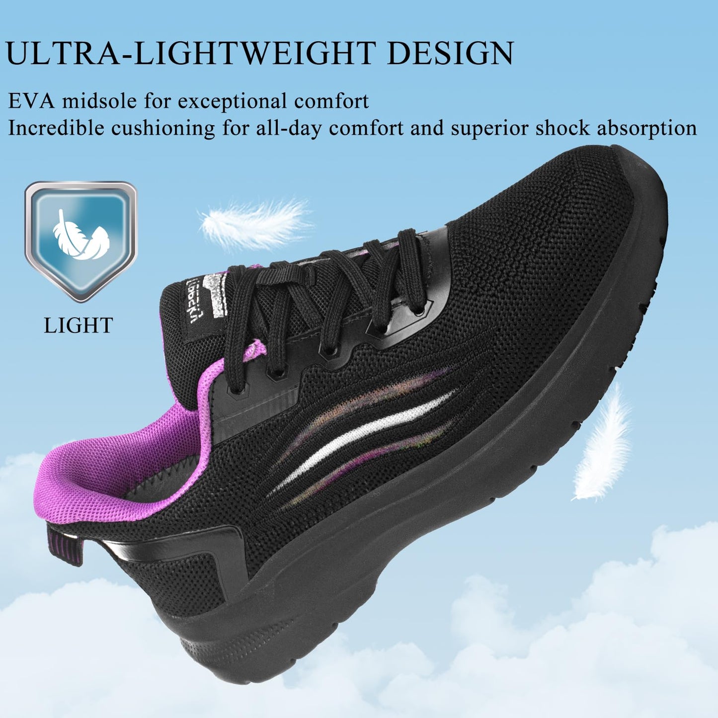Treesky Non Slip Work Shoes for Women in Food Service - Slip Resistant, Comfortable & Lightweight Sneakers, Suitable for Restaurant, Kitchen & Nursing Crews (Black & Purple, Size 8)