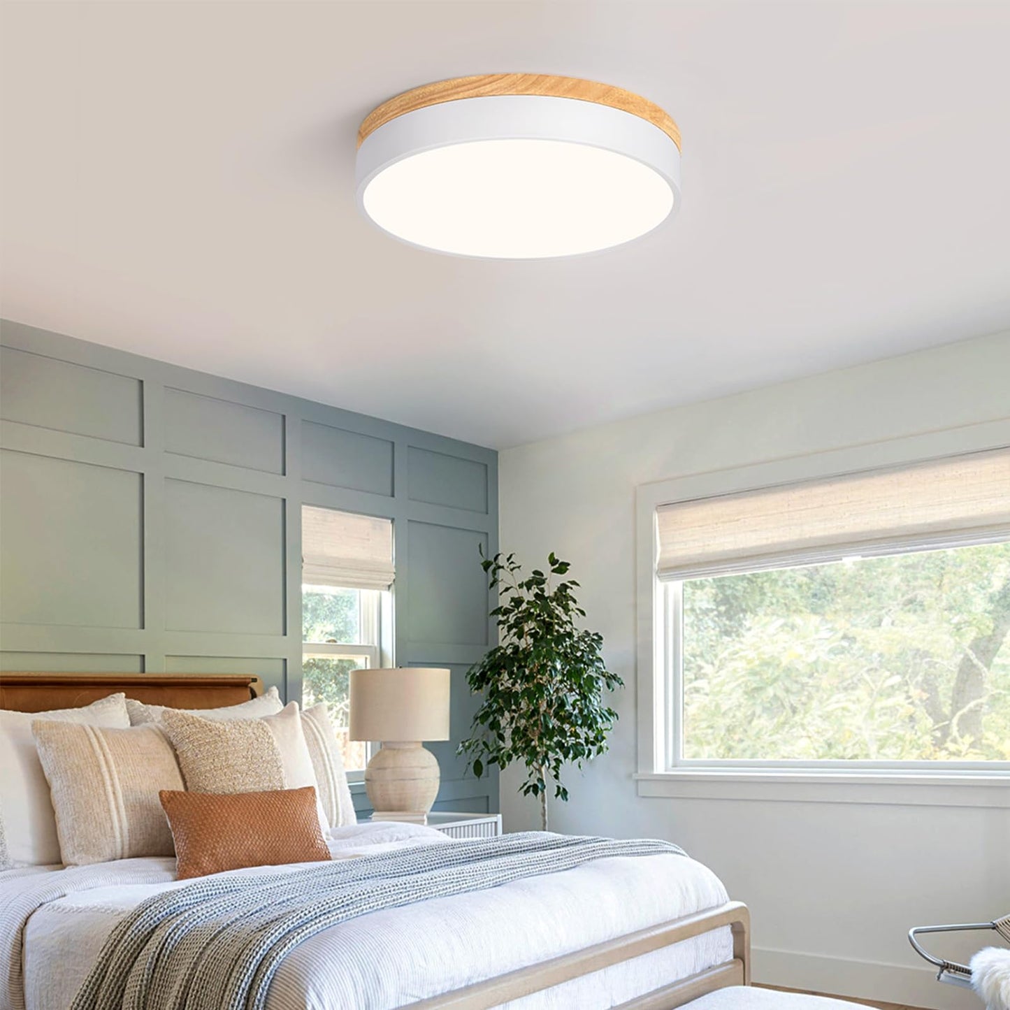 Dimmable Modern Wood Ceiling Light, White LED 5CCT 2700K-6000K Flush Mount Ceiling Lighting Fixture, Round Light Fixtures for Kitchen Entryway Hallway Bedroom Laundry Room-11.8in