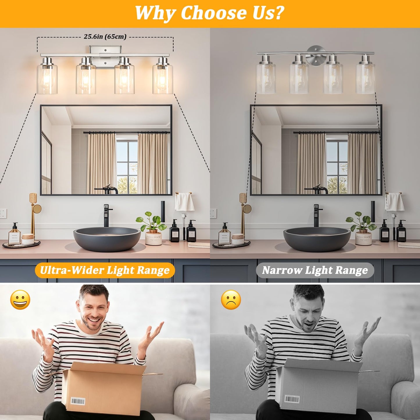 Unicozin 4-Light Bathroom Light Fixtures, Modern Vanity Lights with Clear Glass Shades, Brushed Nickel Bathroom Wall Lamp for Mirror Living Room Cabinet Bedroom