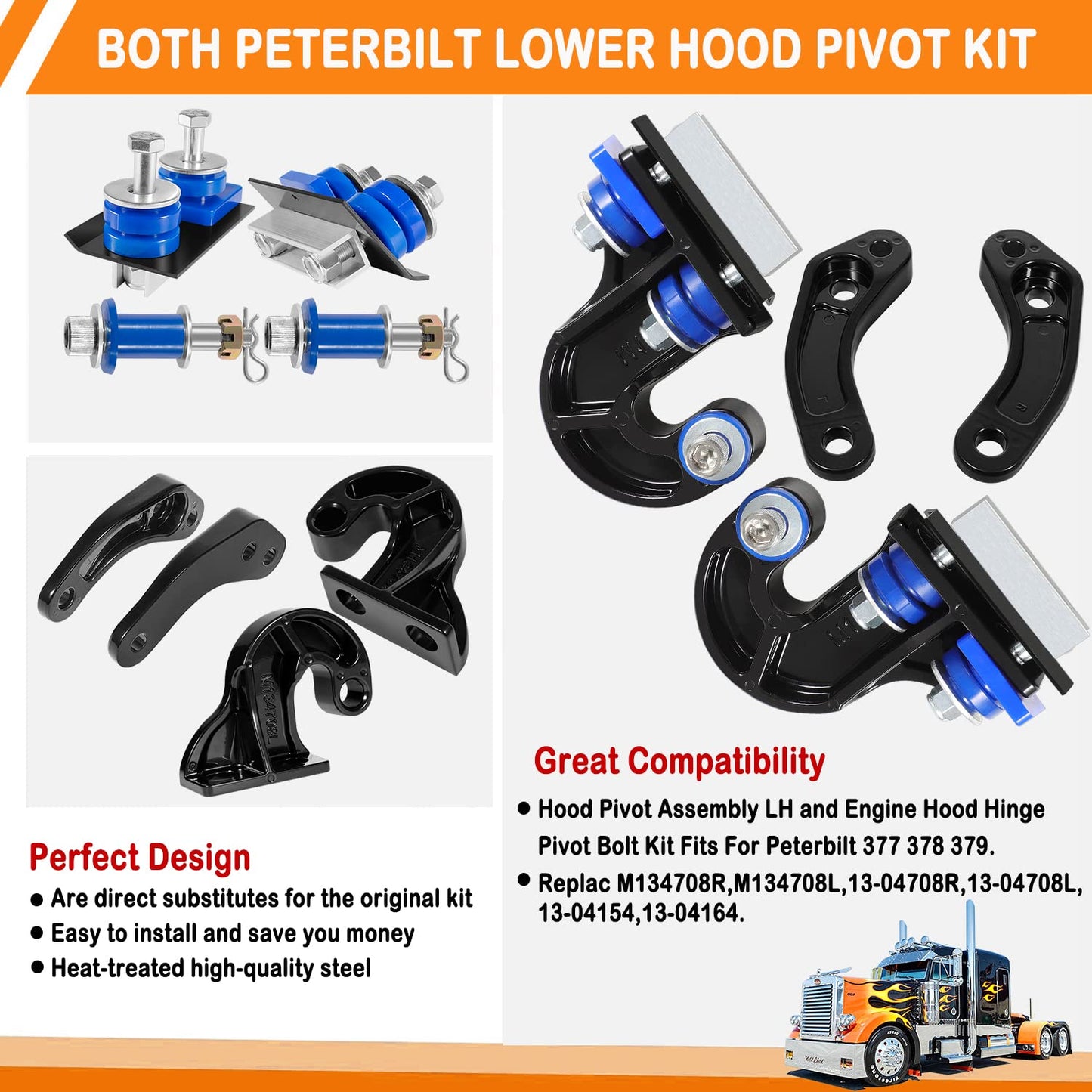 for Peterbilt Lower Hood Pivot Kit & Hinge Bolt & Bushing Bracket Kit for 377 378 379 - Replac:13-04708R 13-04708L 13-04154 13-04164