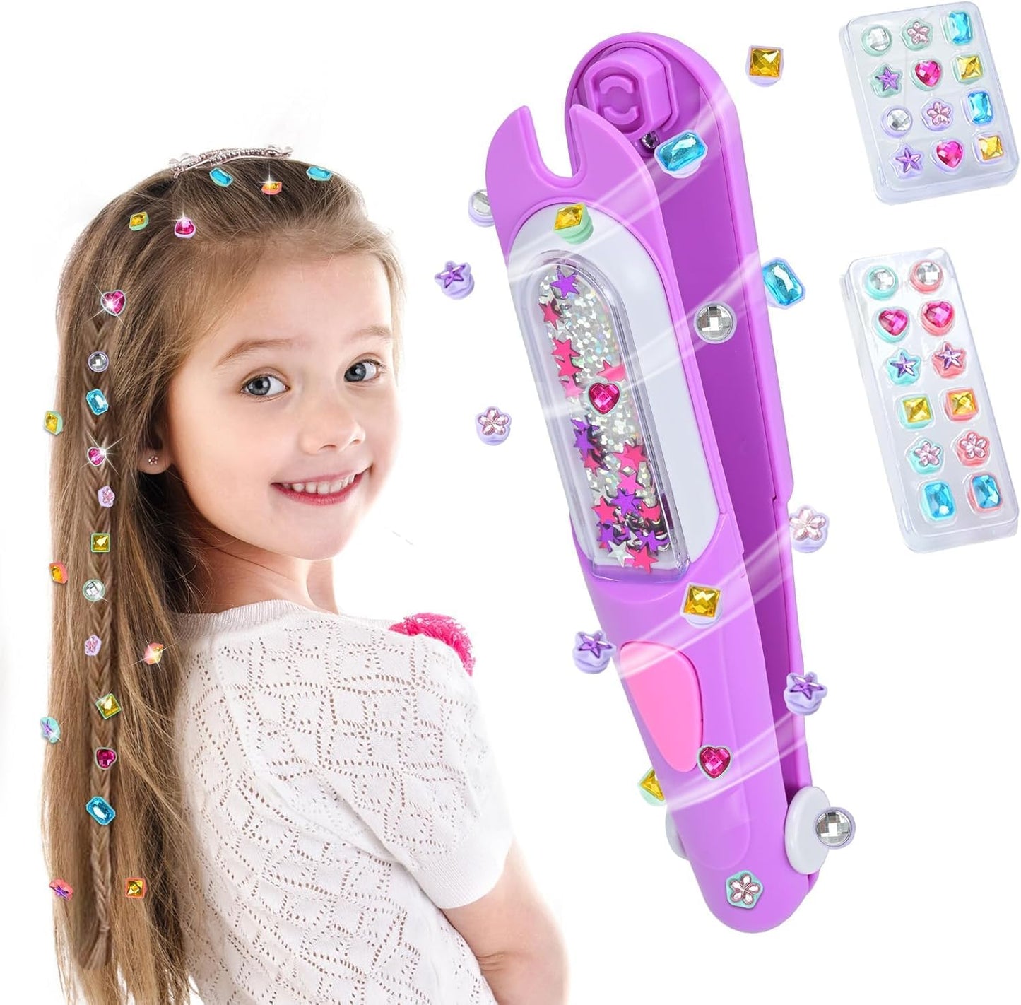 Hair Gem Stamper Kit, Hair Bedazzler Styling Tool with Reusable Rhinestones, Girls Hair Accessories, Birthday Gift Toy for Girls (Pink) (Purple)