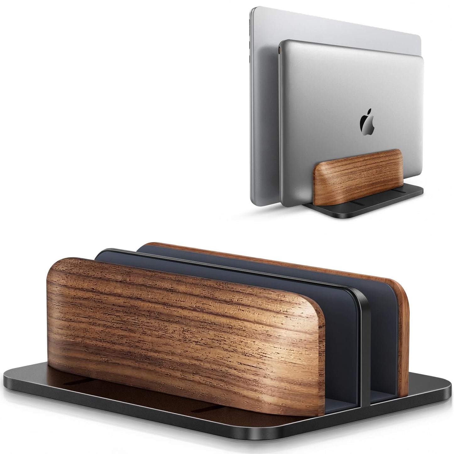 LOXP Vertical Laptop Stand, [Dual Slot Wooden + Aluminum Laptop Holder], Desktop Adjustable MacBook Stand, Adjustable Base, for MacBook Pro/Air, (up to 17.3-inch All laptops)