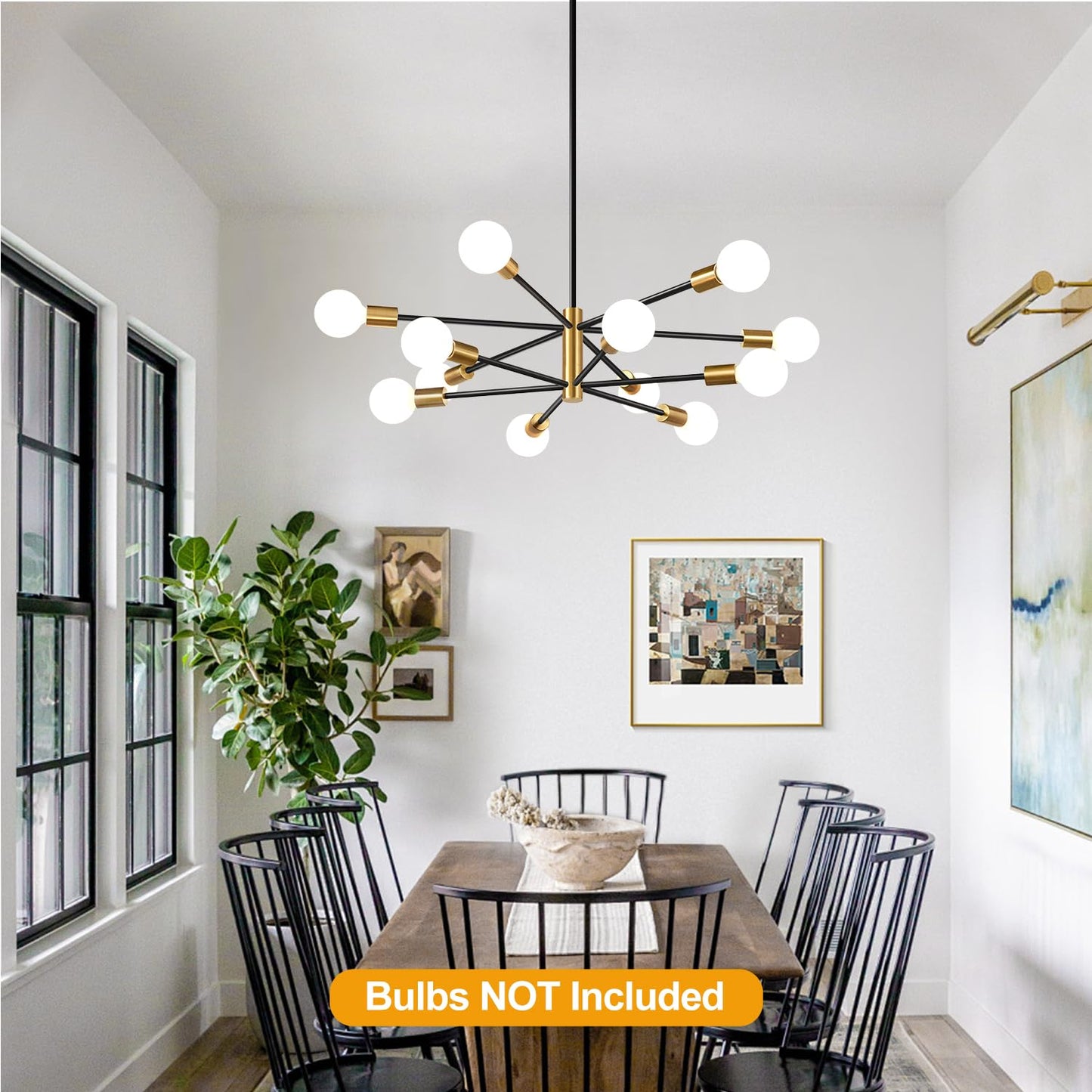 33" Modern Chandelier Ceiling Light Fixture, 12-Light Sputnik Chandeliers Brushed Gold and Black Mid Century Chandelier Over Table, Height Adjustable Chandeliers for Dining Room Living Room Kitchen