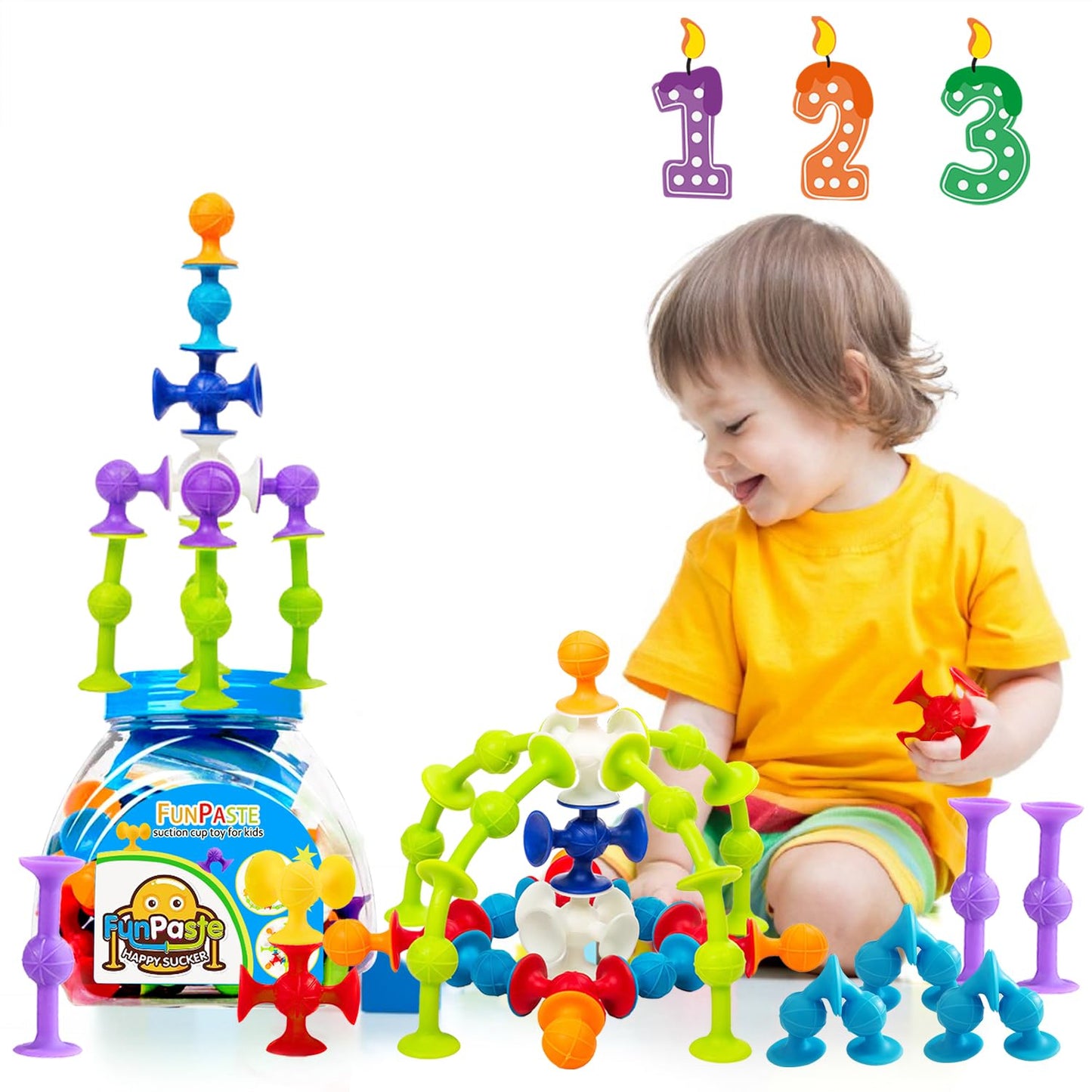 Suction Bath Toys for Baby, 47 Piece Starter Set Suction Cup Toys Preschool Sensory Fidget Toys for Toddlers 1-3 4-8 | No Hole Bath Toy | BPA Free Bath Toys (Large Size)