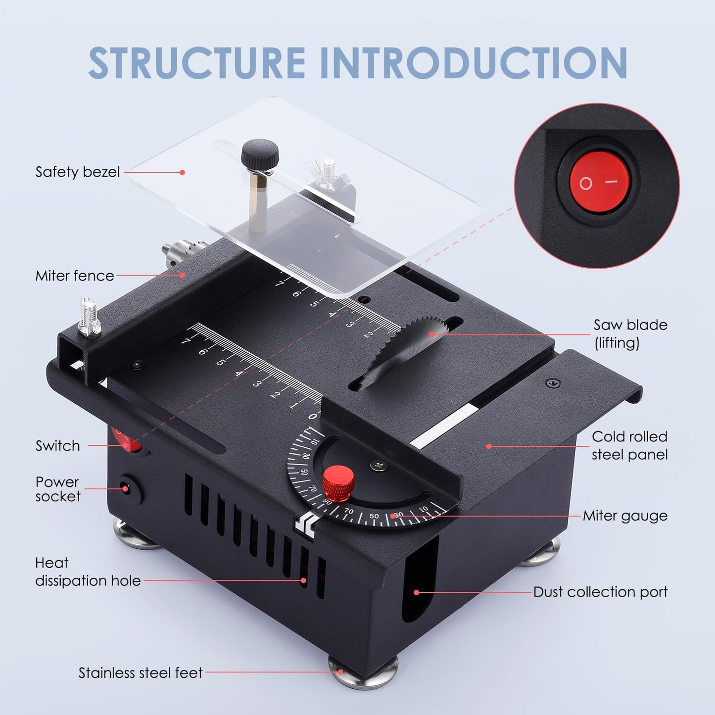 Vislone 100W Mini Table Saw Desktop Electric Saw Cutter 7-Speed Angle Adjustable Lift Blade 0-0.63in(0-16mm) Cutting Depth with Blade Flexible Shaft for DIY Hobby Wood Plastic Acrylic Cutting