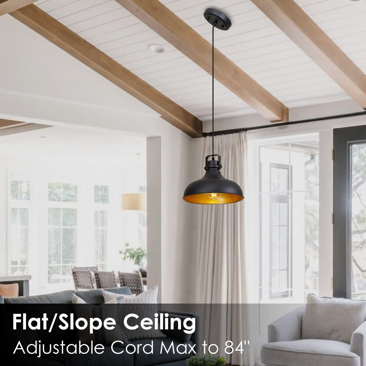 ALAISLYC Black Farmhouse Pendant Lights Matte Pendant Lighting for Kitchen Island Industrial Adjustable Height Vintage Dome Hanging Light Fixtures for Barn, Dining Room 2 Packs