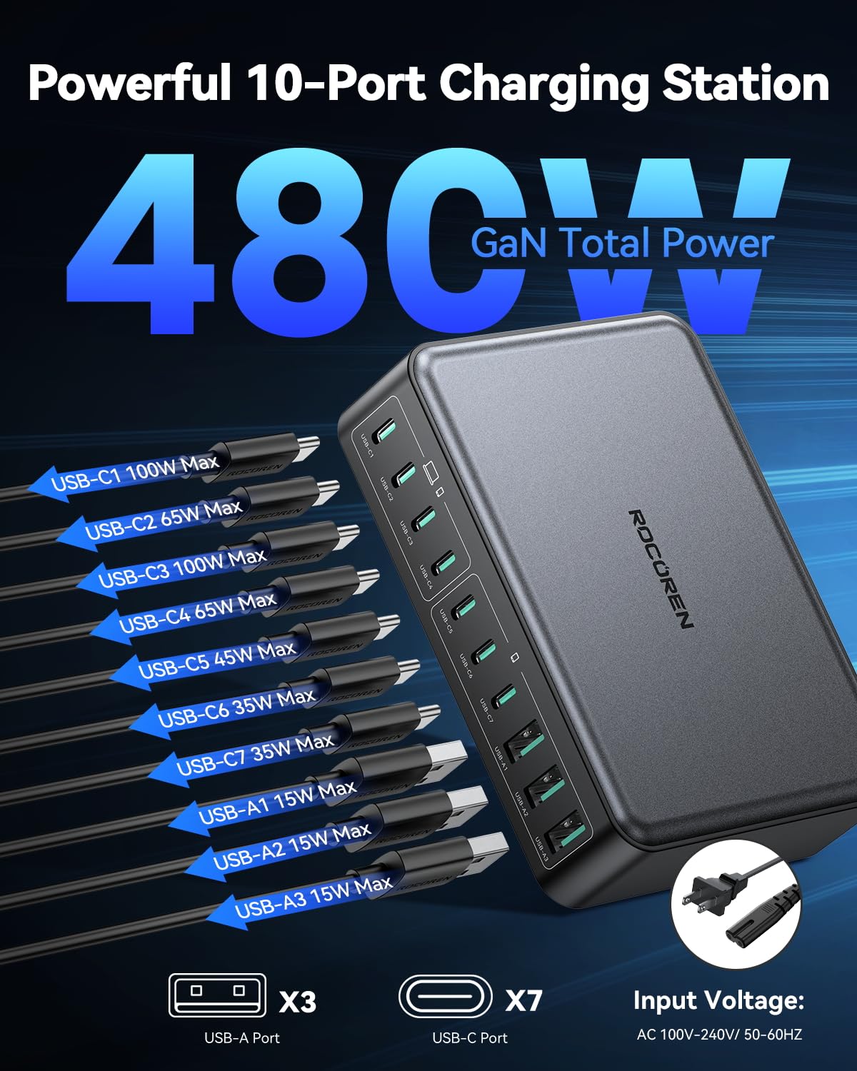 480W USB C Charger Block, Rocoren 10-Ports USB C Charging Station for Multiple Devices,PD 100W Gan Fast Charger Station Desktop Multi USBC Charging Hub Dock for Laptop MacBook,HP,iPad,iPhone,Samsung