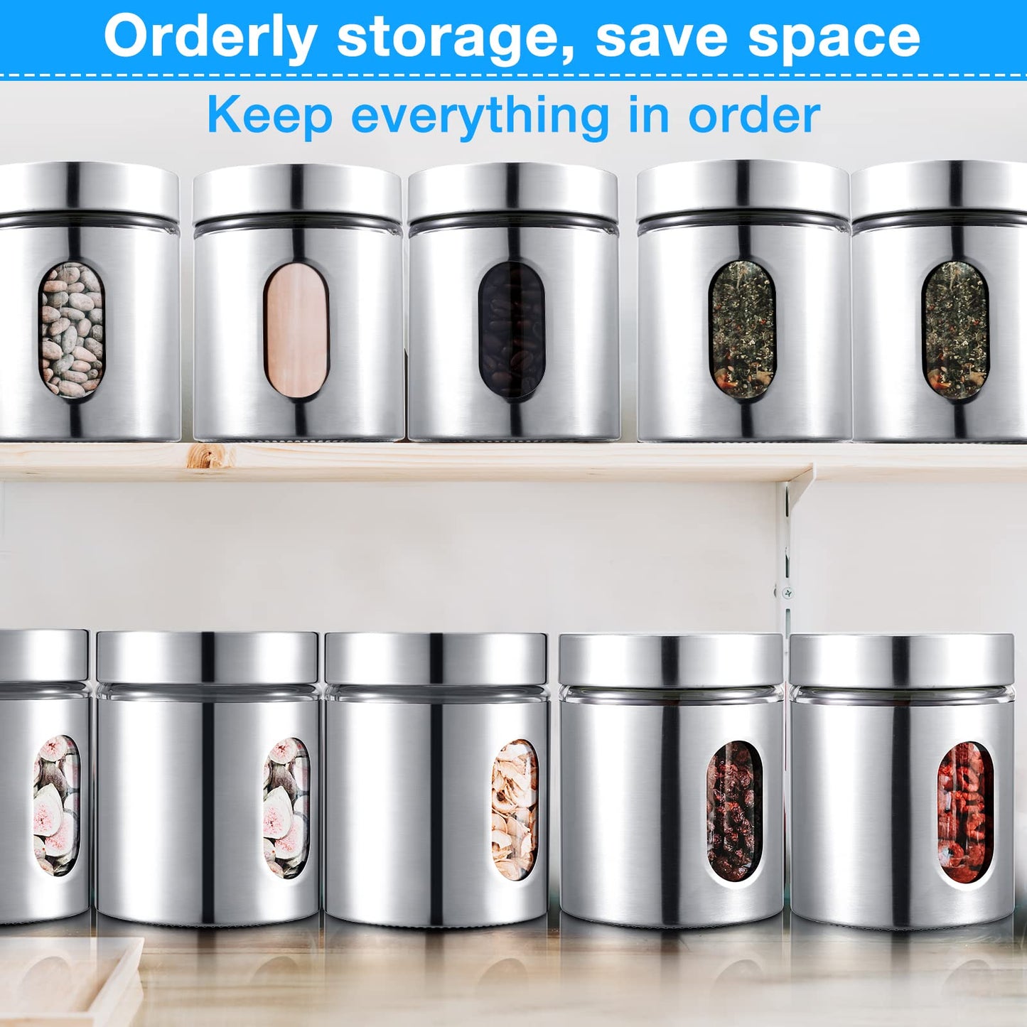 Mimorou 6 Pack Kitchen Canisters Set Airtight Coffee Sugar Tea Candy Storage Jars with Window Glass Stainless Steel Containers with Lids for Flour Cookies Spices Grains Kitchen Decorations(20 oz)