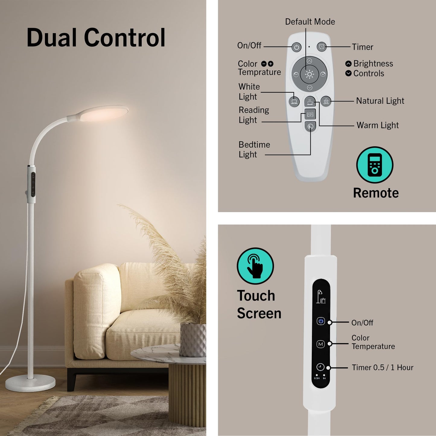 PRIMETEK Happy Light 10000 Lux Mood Lamp, Dual Control Remote,Touch Screen Sad Lamp, Adjustable LED Floor Lamp, UV-Free Sun Light, 5 Color Temperatures 10 Brightness Levels Happy Lights