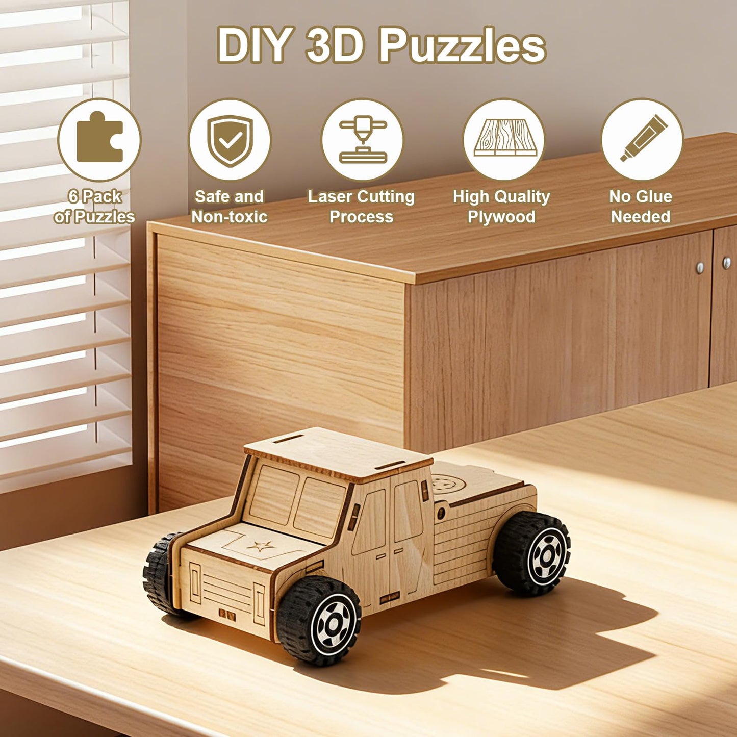 Minyaluck 5 Wooden Cars Craft Kit-Build & Paint Your Own Wood Model Car Kit,Wooden 3D Puzzles, Birthday Party Presents for Kids Boys and Girls