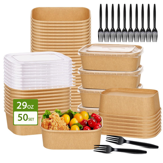 DI QIU REN 50-Pack 29oz Disposable Kraft Paper Bowls【with Lids and Forks】, Meal Prep Containers Disposable Large Paper Bowls Leakproof Take Out To Go Food Containers, Microwave Safe for Hot/Cold Food