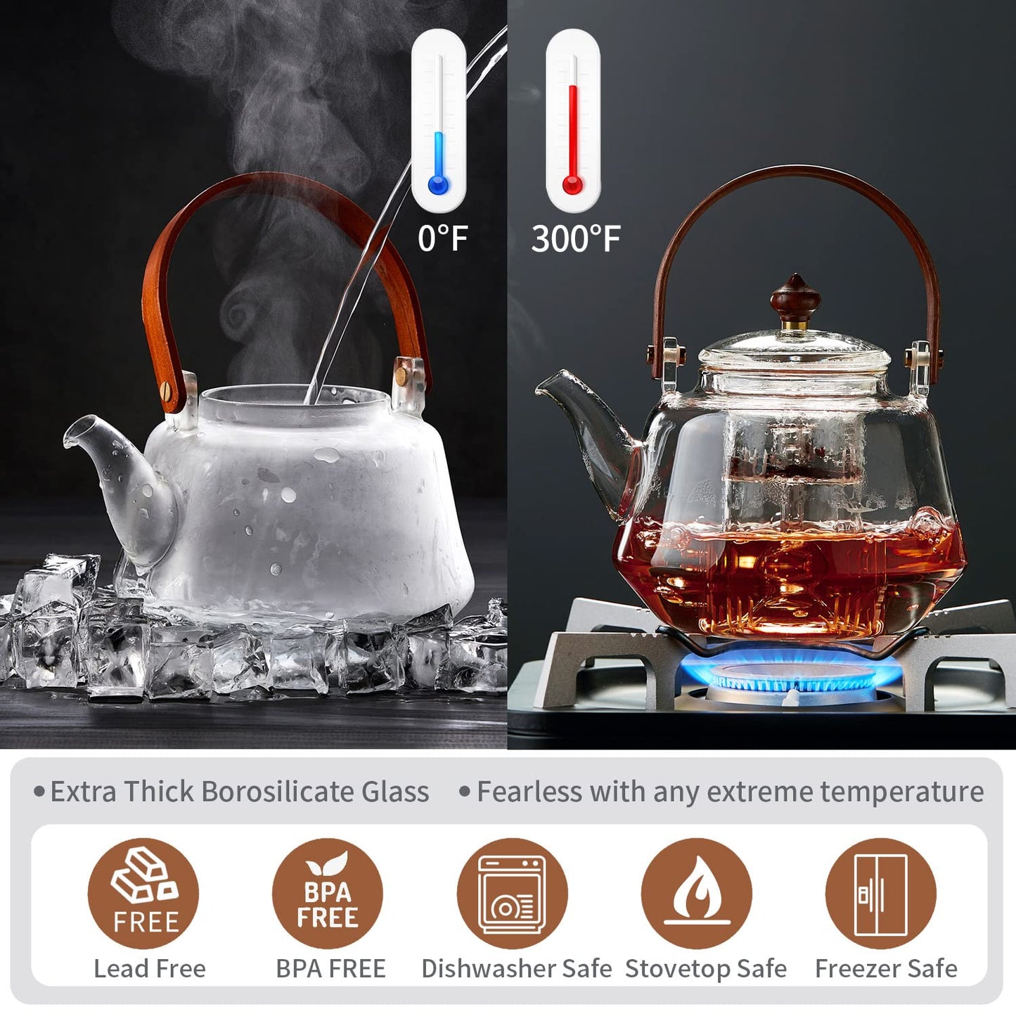 DOPUDO 40oz Glass Teapot with Anti-Drip Spout, Peach Wood Handle and Lid, Heat-Resistant Borosilicate Glass, Dual Infusers for Steaming and Boiling