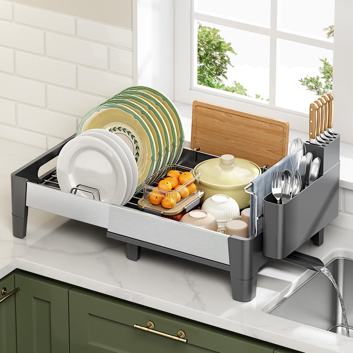 Urackify Expandable Dish Drying Rack, Stainless Steel Dish Rack with Aluminum Frame, Dish Drainer for Kitchen Counter, Space Saving Kitchen Drying Rack with Movable Utensil Holder, Gray