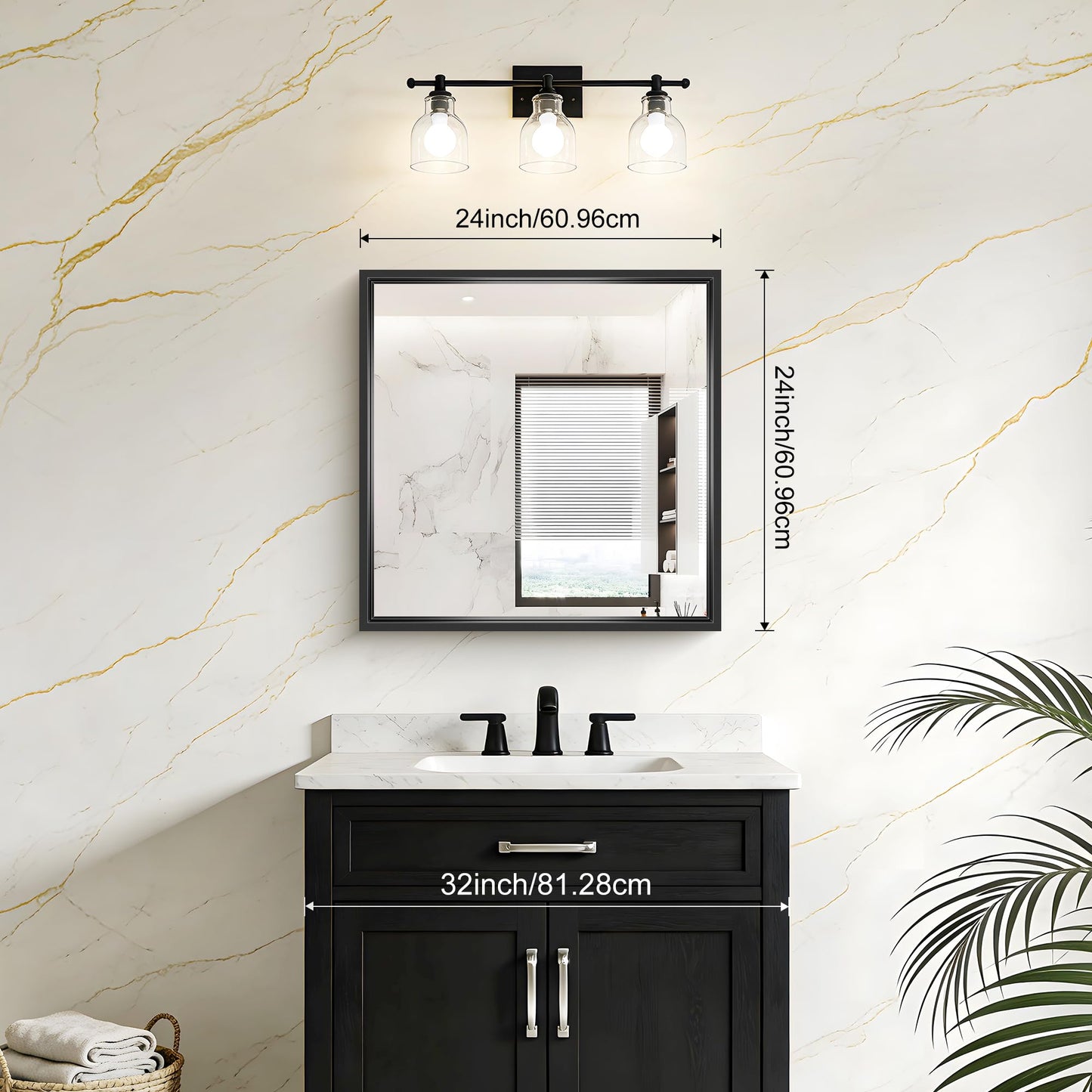 CIVENO 24x24 Square Black Mirror, Bathroom Mirrors for Over Sink 0.6" Thickened Deep Frame, Brushed Black Rectangle Mirrors for Wall, Shatterproof Tempered Glass, Antirust, Horizontally or Vertically