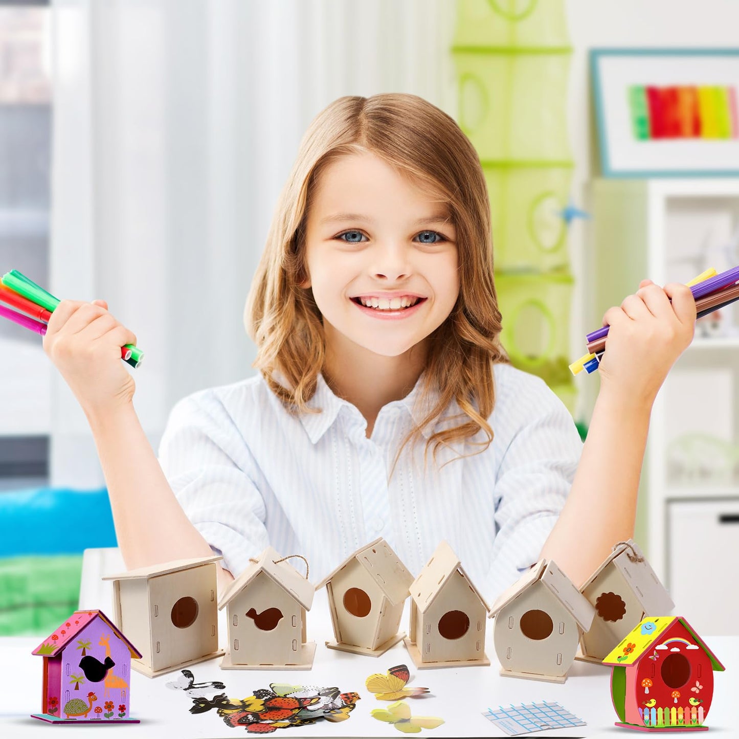 Sawysine 93 Pcs DIY Birdhouse Kits for Kids to Build, 36 Wooden Bird House 6 Shapes and 57 Butterfly Sticker for Children Spring Craft Activity Art Project DIY(Multiple Entrance)