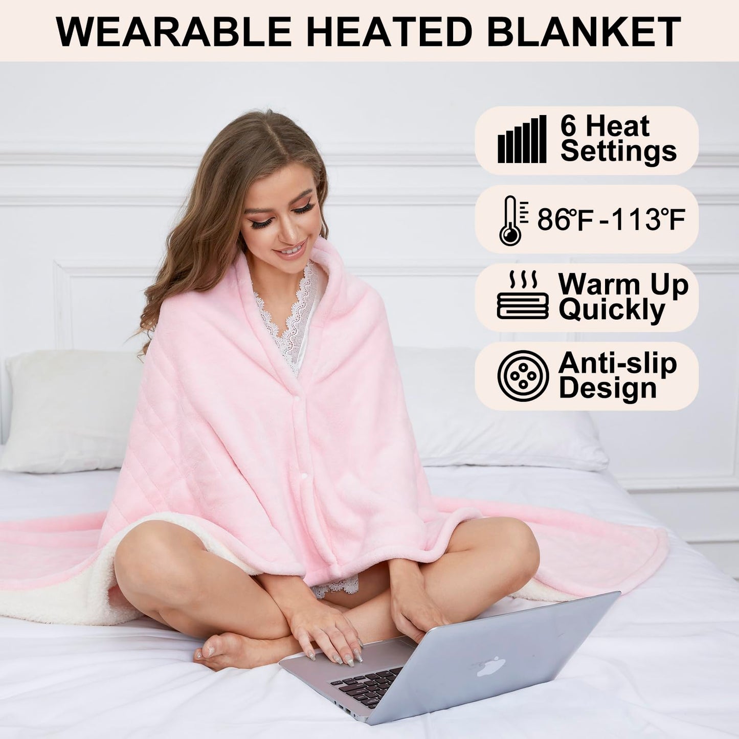 YANYEA Electric Heated Throw Blanket Sherpa 50"x60" Pink Machine Washable 6 Heat Settings 4 Hours Auto Off Overheat Protection for Home Office Use
