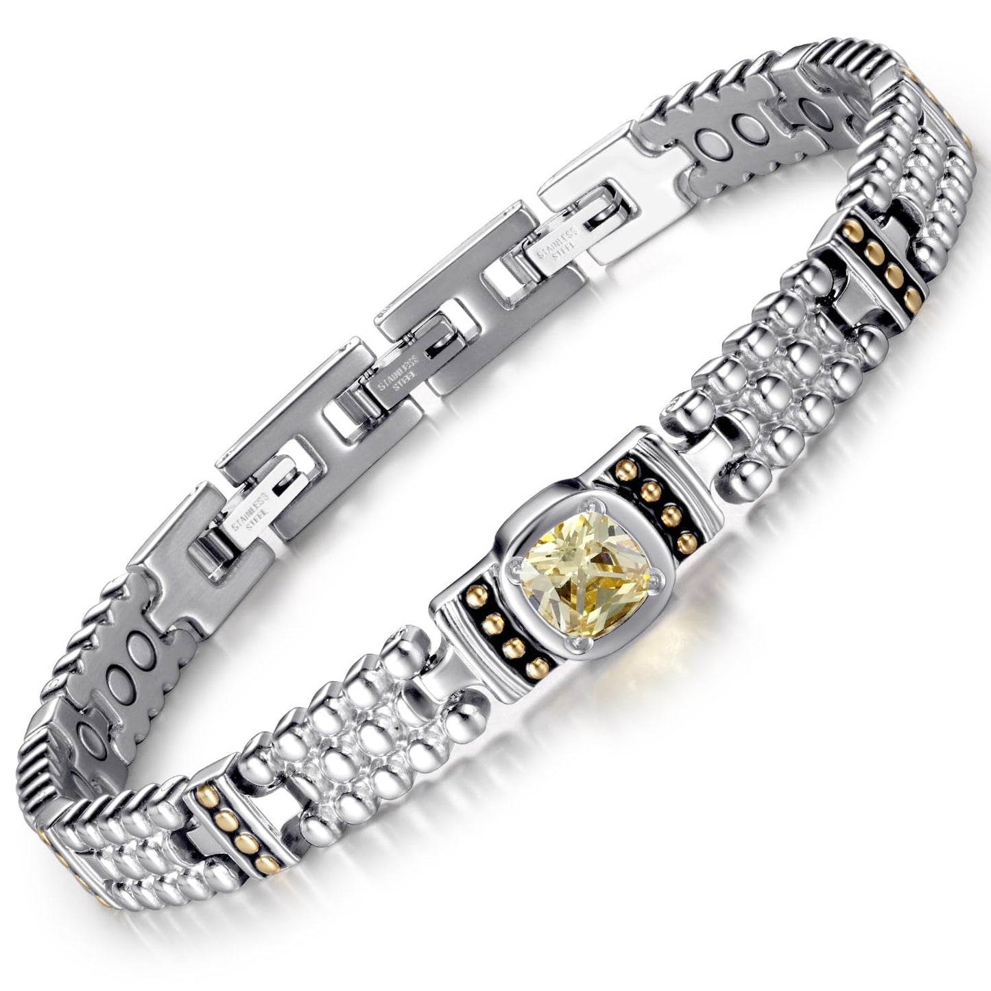 RainSo Magnetic Bracelets for Women Elegant Yellow Gemstone Inlaid Stainless Steel 3500 Gauss with Sizing Tool Gift Box Adjustable (Silver)