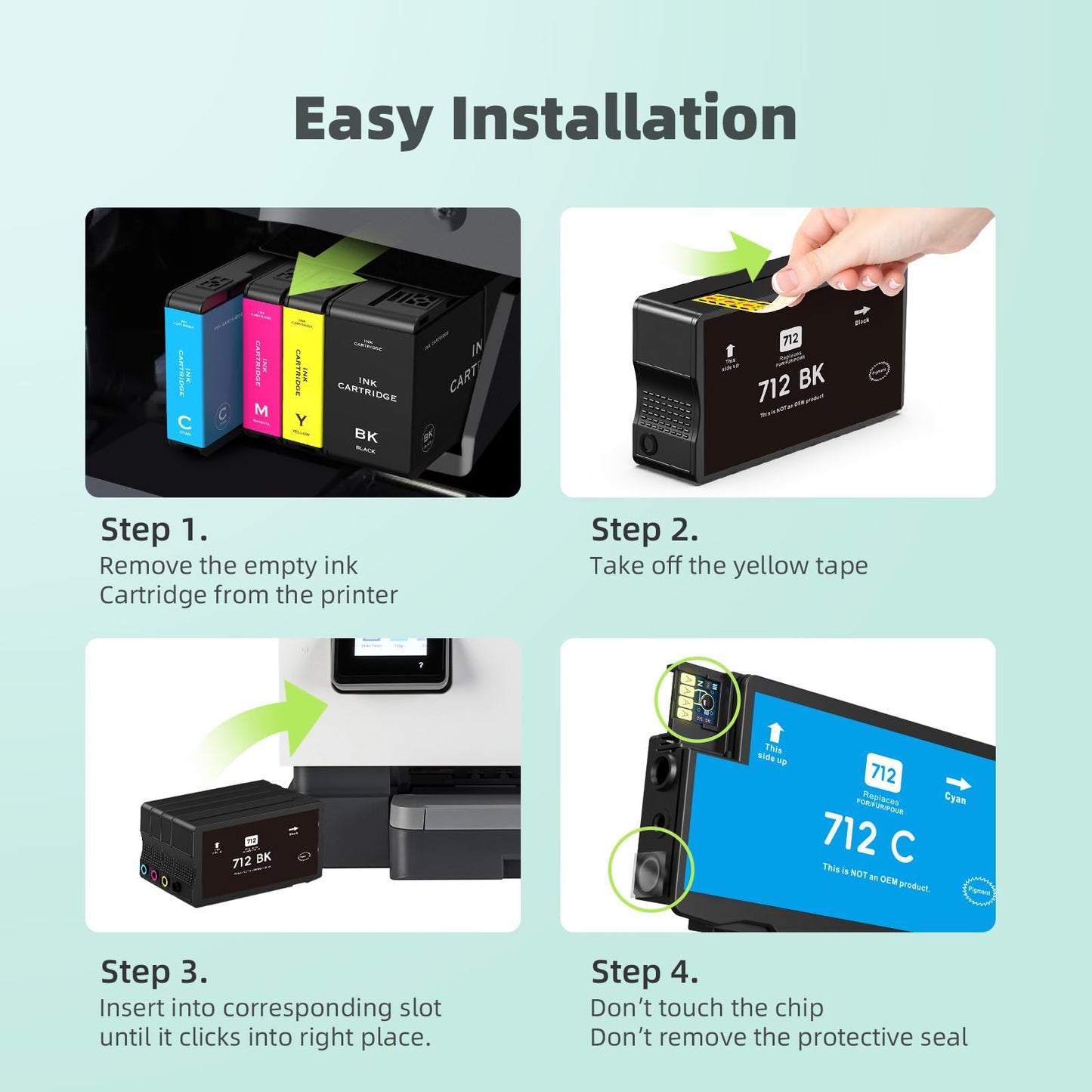 712 712XL Ink Cartridges Remanufactured High Yield Replacement for HP 712 712XL 712 XL for DesignJet T650 T630 T230 T210 Studio Plotter Printer (4 Pack, Black, Cyan, Yellow, Magenta)