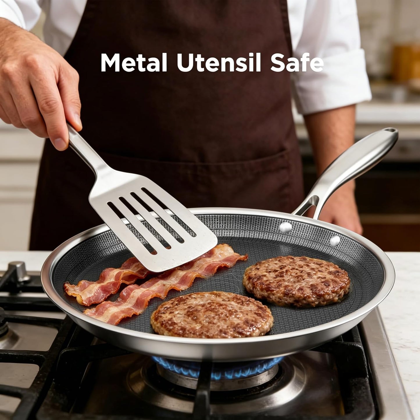 COOKER KING 11" Round Griddle Pan, 3-Ply Hybrid Stainless Steel Crepe Pan with Stay-Cool Handle, Non Stick & Non Toxic for Pancake, Eggs, All Stovetop & Induction Compatible, Oven & Dishwasher Safe