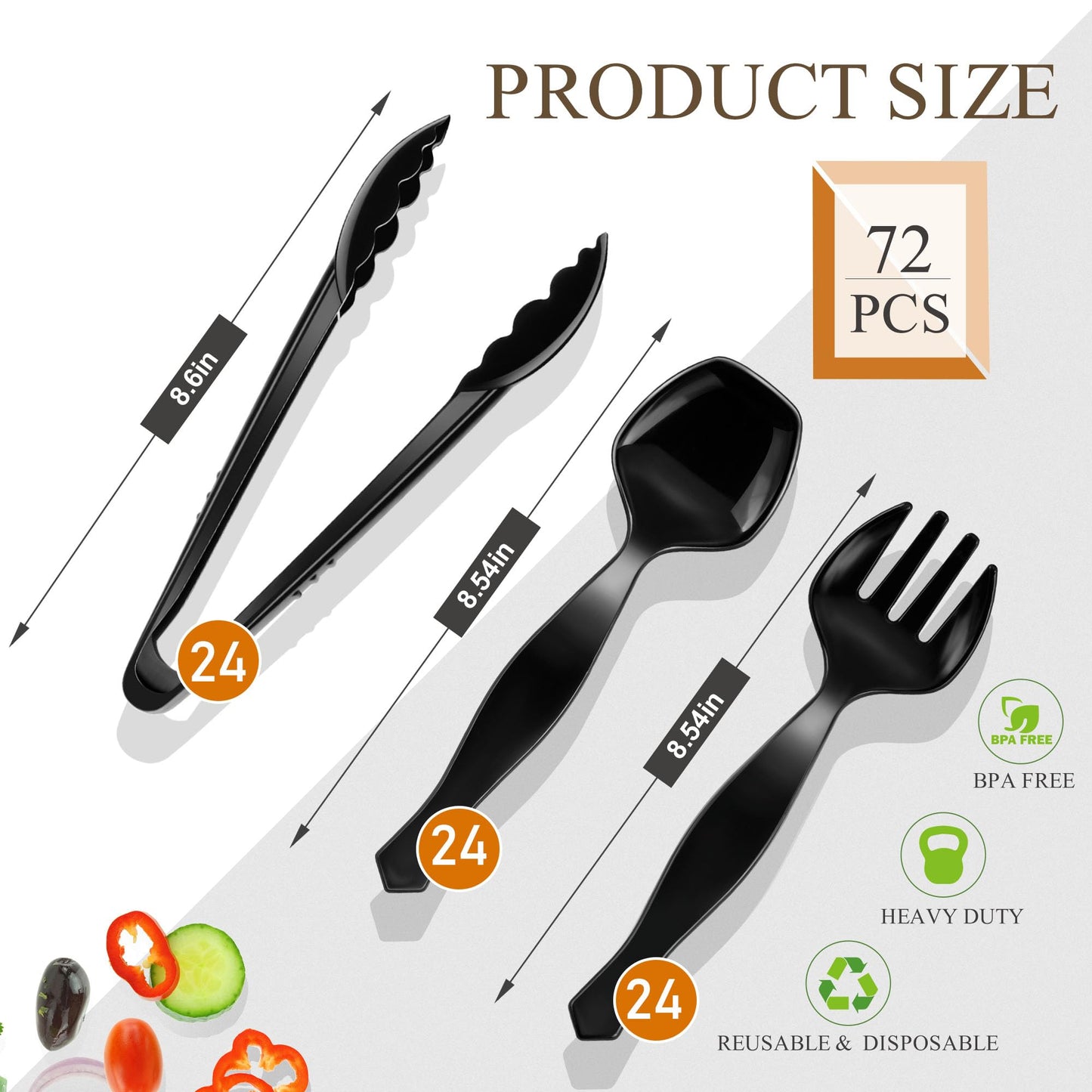 Mwellewm 72Pcs Plastic Serving Utensils Set Large Disposable Serving Spoons Fork and Tongs for Serving Food 8.5'' Heavy Duty Black Party Utensil Supplies for Buffet Restaurant Picnic Dinner Salad Soup